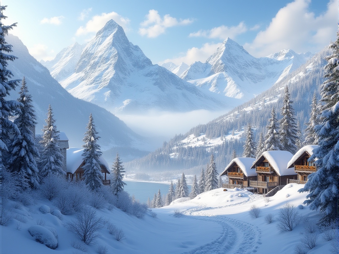 Prompt: Snow-capped mountains, rolling hills, ski lifts, chairlifts, gondolas, mountain lodges, wooden chalets, rustic stone walls, snowy pine trees, frozen lakes, icy waterfalls, frosty mist, warm cozy lighting, shallow depth of field, 1/2 composition, panoramic view, realistic snow textures, ambient occlusion, soft focus, natural color palette.