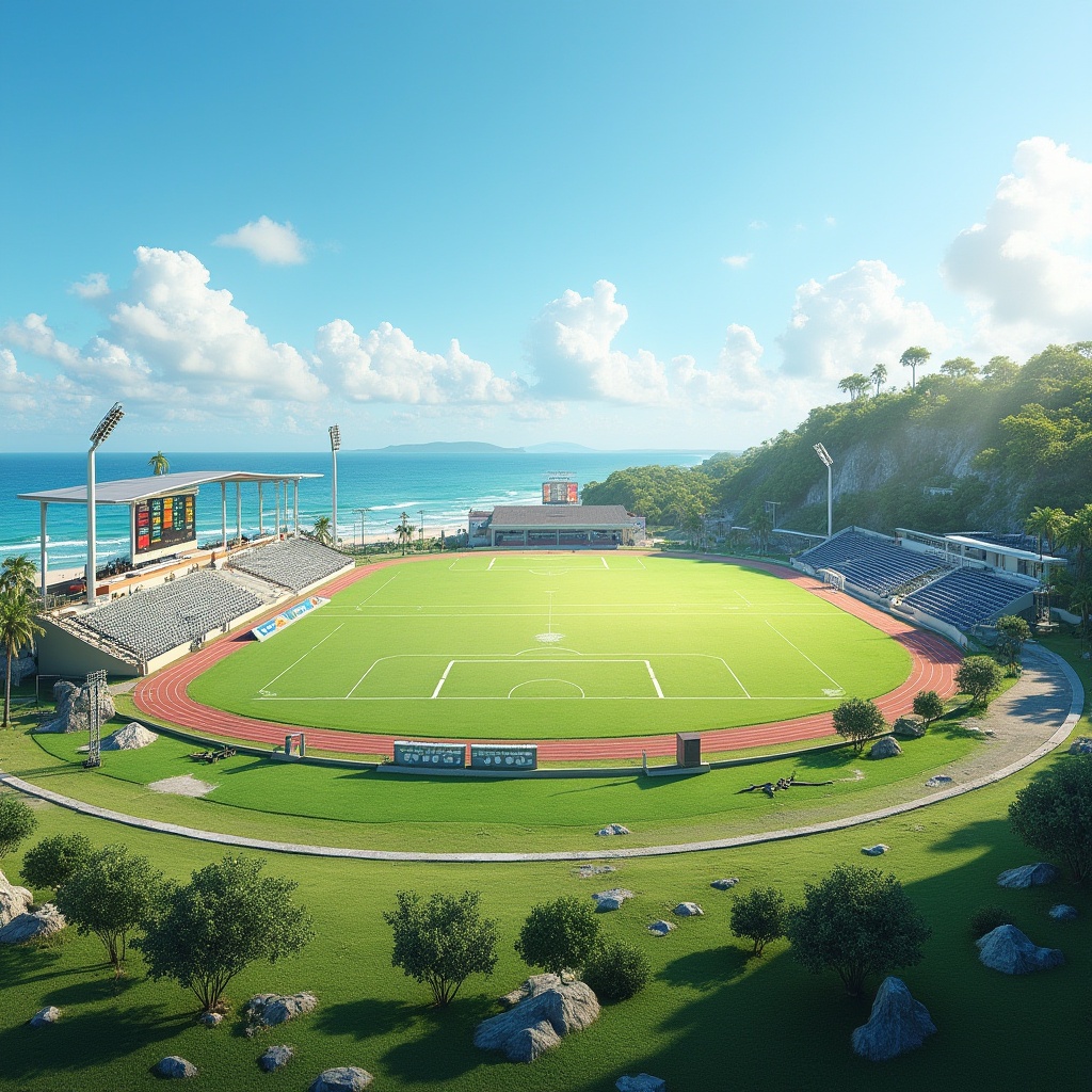 Prompt: Coastal sports complex, lush green grass, ocean views, sandy beach, rocky shores, clear blue skies, modern athletic facilities, sleek metal bleachers, vibrant colorful scoreboards, stadium seating, sports equipment storage, refreshment stands, shaded spectator areas, misting systems, natural stone walkways, driftwood sculptures, seaside landscaping, tropical plants, palm trees, ocean breeze, warm sunlight, shallow depth of field, 3/4 composition, panoramic view, realistic textures, ambient occlusion.