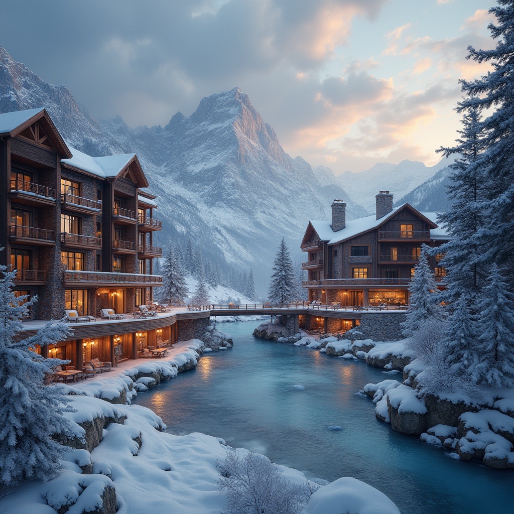 Prompt: Snow-capped mountains, frosty winter air, rustic wooden fa\u00e7ades, angular stone walls, metallic accents, warm glowing lighting, cozy fireplaces, plush furnishings, natural textiles, earthy color palette, modern ski lifts, snowy terrain, frozen lakes, icy waterfalls, misty morning fog, dramatic cloudy skies, warm sunny afternoons, soft focus photography, 1/2 composition, atmospheric perspective, realistic snowflakes, ambient occlusion.