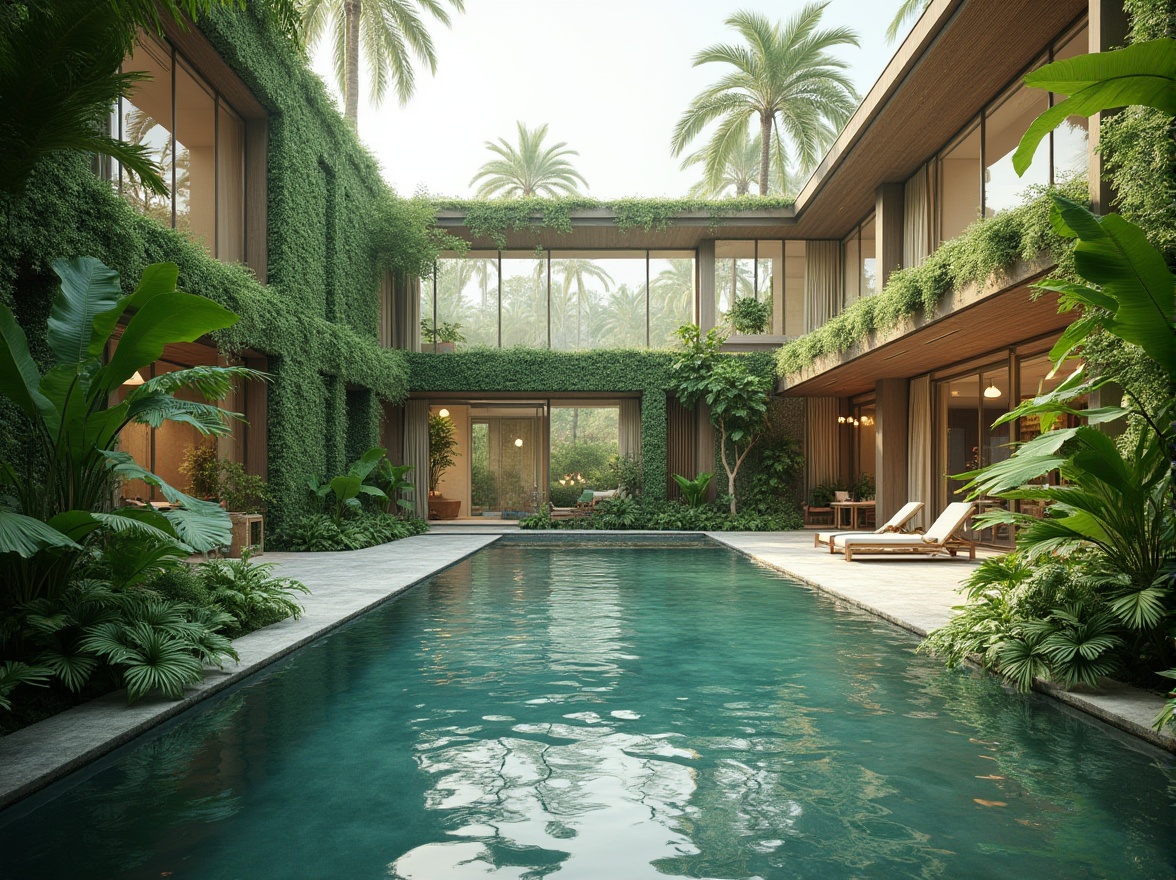 Prompt: \Tropical climate, lush green walls, large windows, operable vents, clerestory windows, solar chimneys, wind catchers, natural convection systems, cross ventilation, open floor plans, minimal obstructions, high ceilings, reflective roofing materials, light-colored exterior finishes, shading devices, overhangs, awnings, louvers, mesh screens, breathable building envelopes, passive design strategies, energy-efficient solutions, sustainable architecture, airy atmosphere, soft natural lighting, 3/4 composition, shallow depth of field, panoramic view.\