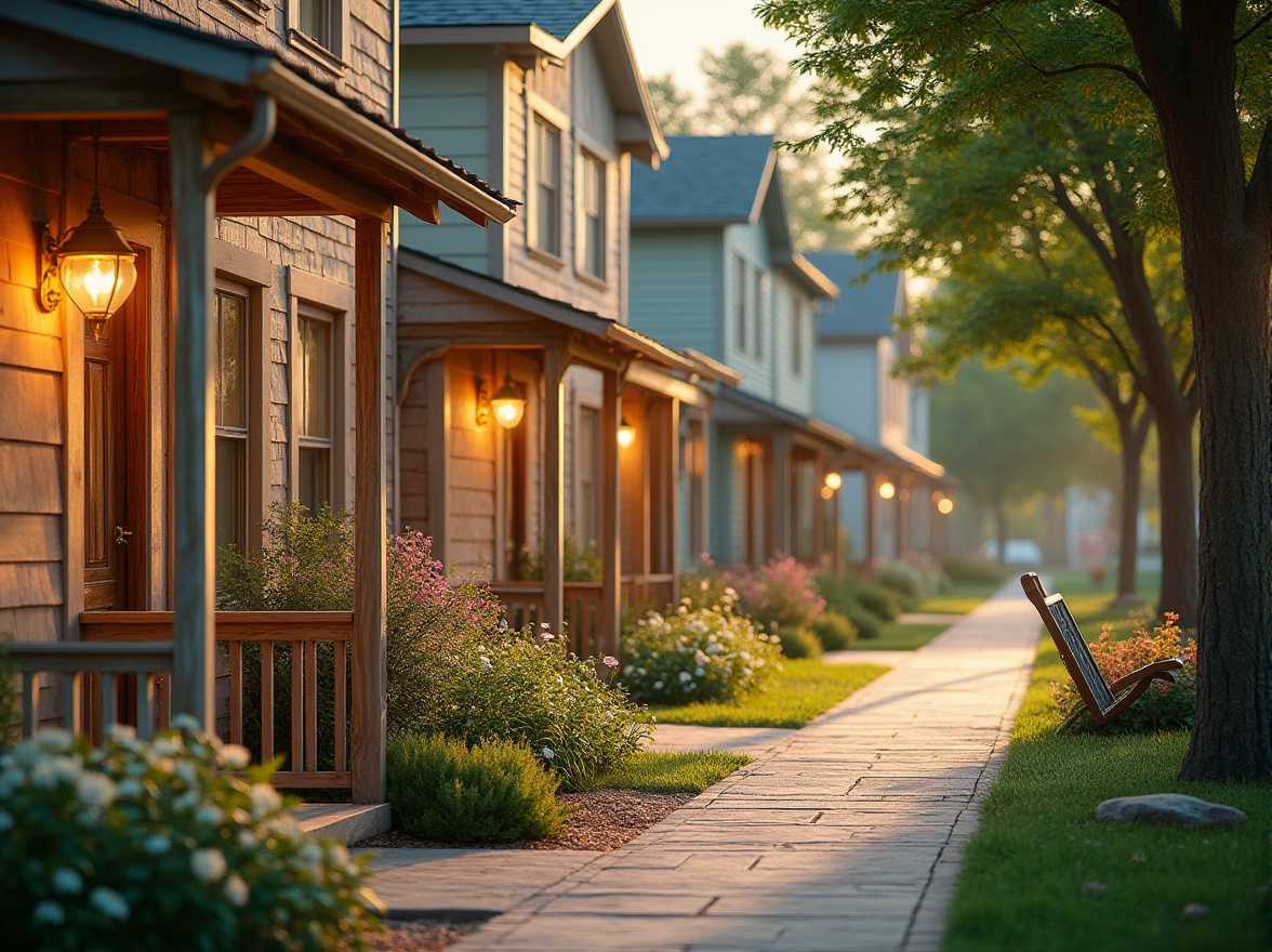 Prompt: Warm residential neighborhood, inviting streetlights, cozy porch swings, natural wood siding, earthy tone brick buildings, lush green lawns, blooming flower gardens, soft warm lighting, shallow depth of field, 3/4 composition, realistic textures, ambient occlusion, calming color scheme, soothing pastel hues, creamy whites, weathered wood accents, rustic metal fixtures, nature-inspired patterns, organic shapes.