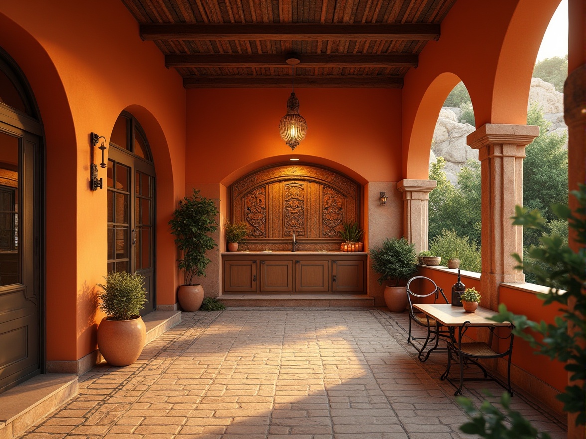 Prompt: Warm persimmon-colored buildings, rustic orange tones, earthy terracotta accents, cozy warm lighting, inviting entranceways, natural stone walls, wooden beam ceilings, vintage decorative tiles, ornate metal fixtures, lush greenery surroundings, tranquil outdoor spaces, serene water features, soft golden hour lighting, shallow depth of field, 1/2 composition, intimate close-ups, realistic textures, ambient occlusion.