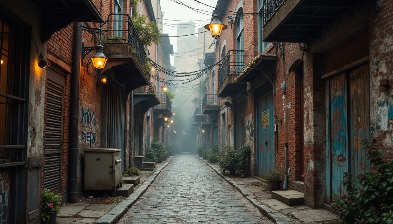 Prompt: Rustic urban alleys, weathered brick walls, worn stone pavement, metallic grilles, industrial pipes, distressed concrete textures, gritty graffiti, urban art murals, ornate ironwork, vintage street lamps, foggy morning atmosphere, soft warm lighting, shallow depth of field, 1/1 composition, realistic materials, ambient occlusion.