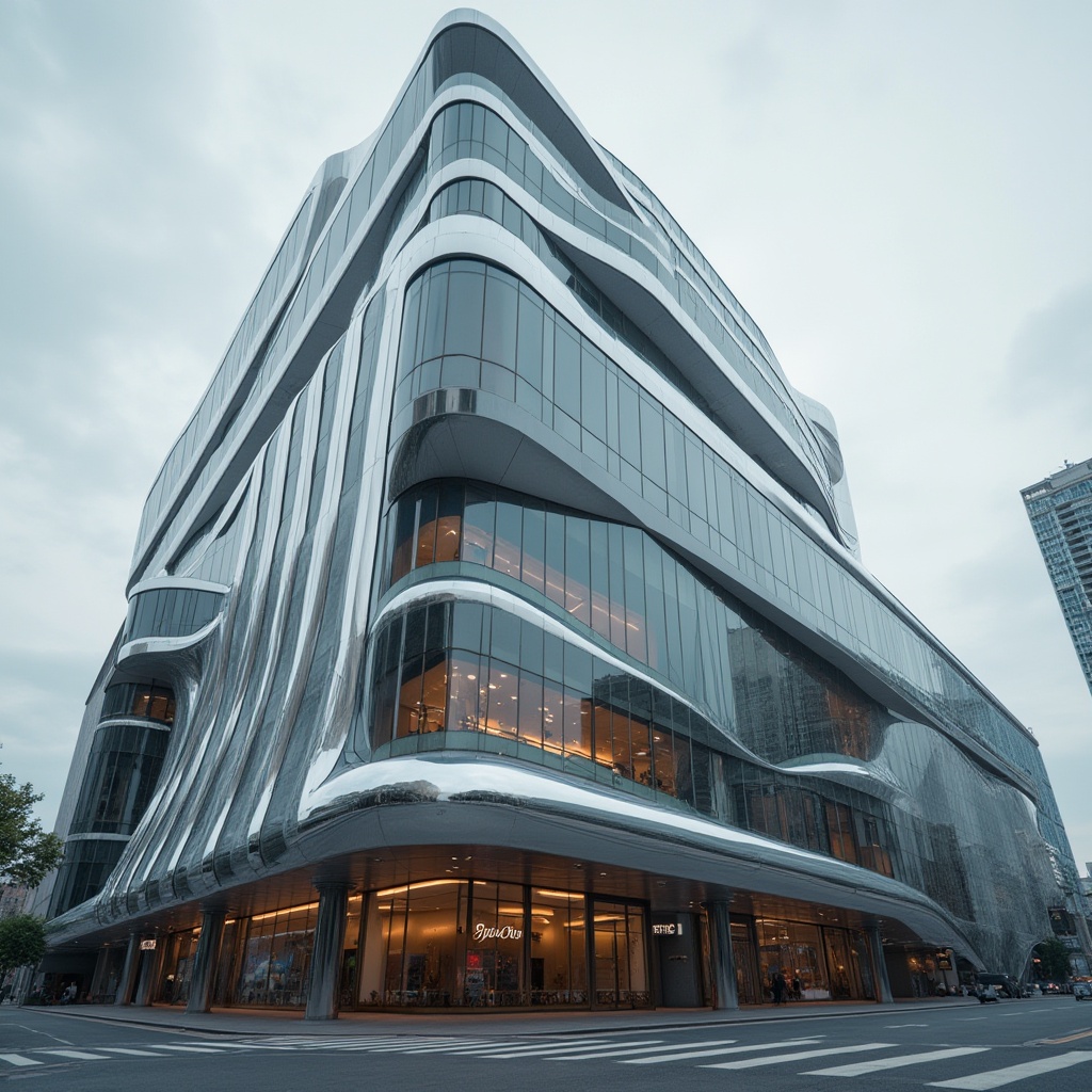 Prompt: Streamlined Moderne building, curved lines, metallic accents, polished chrome, sleek glass surfaces, monochromatic color scheme, bold typography, minimalist decor, urban cityscape, cloudy grey skies, soft natural light, shallow depth of field, 2/3 composition, cinematic atmosphere, high-contrast lighting, rich textures, ambient occlusion.Let me know if you need any adjustments!