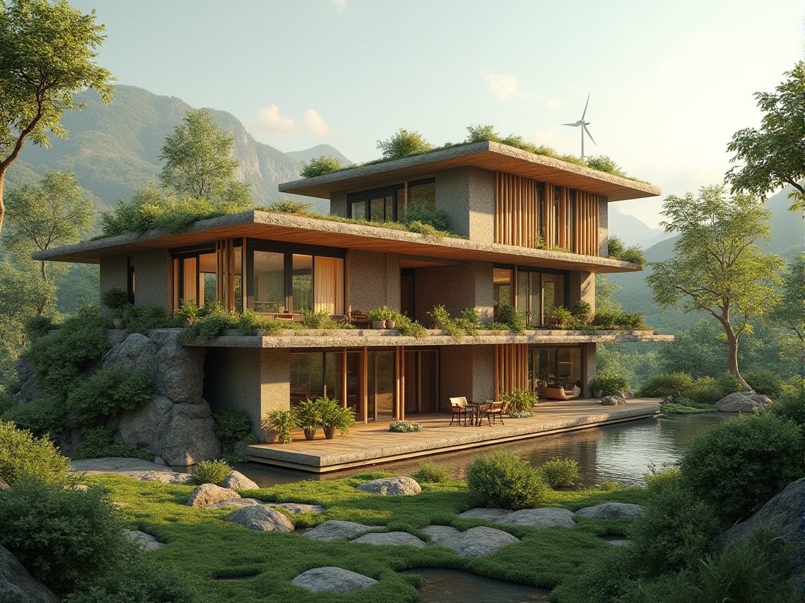 Prompt: Eco-friendly building, recycled materials, low-carbon footprint, sustainable architecture, green roofs, living walls, solar panels, wind turbines, bamboo structures, reclaimed wood accents, natural stone cladding, energy-efficient systems, rainwater harvesting, grey water reuse, minimalist design, organic forms, earthy color palette, warm ambient lighting, soft shadows, 3/4 composition, panoramic view, realistic textures, ambient occlusion.