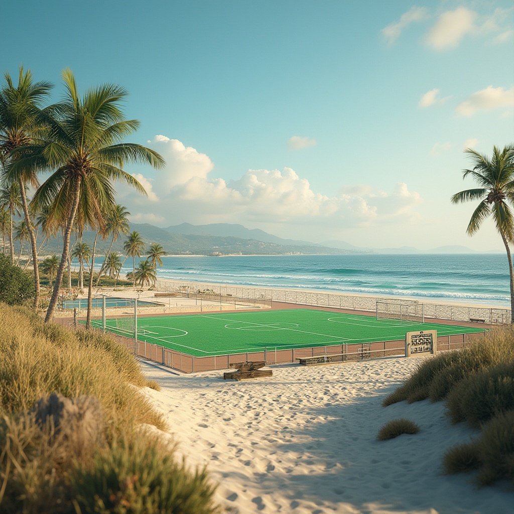 Prompt: Coastal sports fields, sandy shores, ocean views, sea breeze, athletic tracks, soccer fields, tennis courts, basketball hoops, volleyball nets, goalposts, bleachers, spectator stands, tropical palm trees, beachy dunes, driftwood fences, weathered wooden benches, nautical-themed signage, rustic coastal pathways, soft warm lighting, shallow depth of field, 3/4 composition, panoramic view, realistic textures, ambient occlusion.