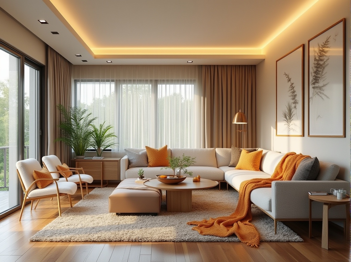 Prompt: Modern living room, minimalist decor, sleek lines, functional furniture, ergonomic chairs, coffee table with storage, floor-to-ceiling windows, natural light, warm wood flooring, soft beige walls, cozy throw blankets, vibrant accent pillows, ambient lighting, 3-point perspective composition, shallow depth of field, realistic textures, subtle shadows.