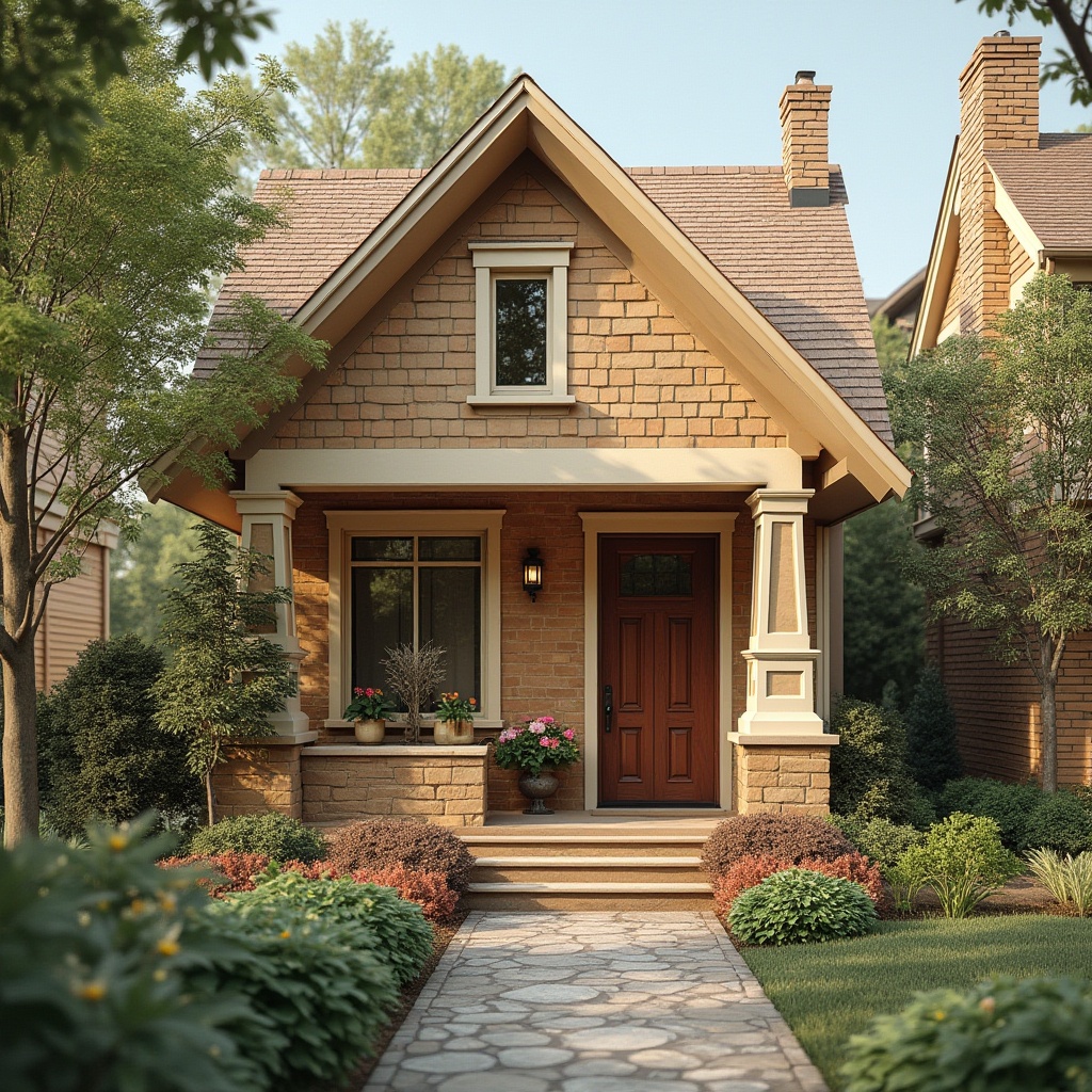 Prompt: Warm residential exterior, earthy tone brick facade, soft cream-colored trim, lush greenery, blooming flowers, natural stone pathways, cozy front porch, inviting entryway, modern roof design, subtle color contrast, harmonious color scheme, warm sunny day, soft gentle lighting, 1/2 composition, shallow depth of field, realistic textures.