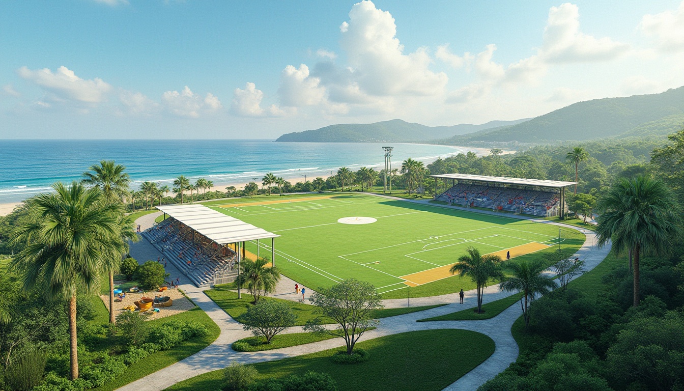 Prompt: Seaside sports complex, lush green grass, tropical palm trees, winding coastal pathways, ocean views, salty sea air, sandy beach edges, modern athletic facilities, sleek metal bleachers, vibrant colorful signage, eco-friendly drainage systems, natural stone retaining walls, integrated rainwater harvesting, solar-powered lighting, shaded spectator areas, misting systems, dynamic sports equipment, basketball courts, tennis fields, soccer pitches, rugby grounds, coastal-inspired architecture, minimalist design, ambient occlusion, 3/4 composition, panoramic view.