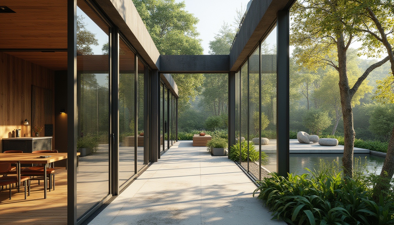 Prompt: Transparent glass walls, seamless transitions, blurred boundaries, indoor-outdoor connections, lush greenery, natural ventilation, abundant daylight, flexible floor plans, open-air courtyards, minimalist decor, sleek modern architecture, metal frames, sliding doors, floor-to-ceiling windows, rustic wooden accents, earthy color palette, warm ambient lighting, shallow depth of field, 1/2 composition, panoramic view, realistic textures, ambient occlusion.