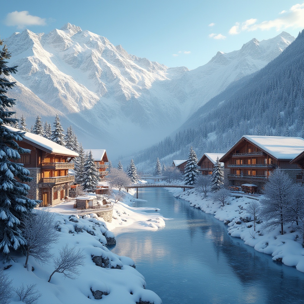 Prompt: Snow-capped mountains, frosty air, icy lakes, rustic wooden chalets, vibrant ski lifts, colorful snowboarding equipment, warm fireplaces, cozy cabins, natural stone walls, earthy tones, rich wood accents, soft snowy textures, cold misty atmosphere, shallow depth of field, 1/2 composition, realistic lighting, ambient occlusion, frosty mornings, golden hour, soft focus, cinematic mood.