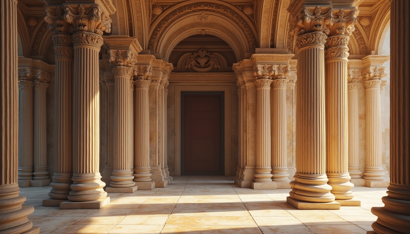 Prompt: Ornate Renaissance columns, carved marble details, ornamental capitals, fluted shafts, Corinthian column heads, ancient Greek inspiration, grandiose archways, rustic stone bases, decorative entablatures, intricate carvings, subtle shading, warm golden lighting, classical proportions, symmetrical composition, realistic textures, ambient occlusion.