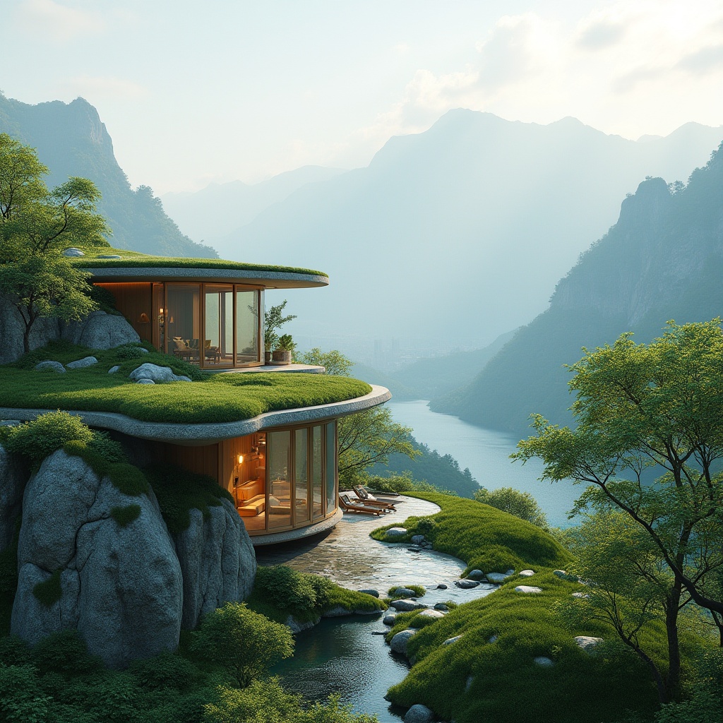 Prompt: Panoramic mountain views, lush green roofs, natural stone walls, curved lines, minimalist design, floor-to-ceiling windows, sliding glass doors, seamless transitions, indoor-outdoor connections, harmonious balance, eco-friendly materials, sustainable energy solutions, solar panels, green spaces, vibrant colorful accents, organic shapes, futuristic architecture, urban skyscrapers, cityscape backgrounds, misty atmospheric effects, soft warm lighting, realistic textures, ambient occlusion.