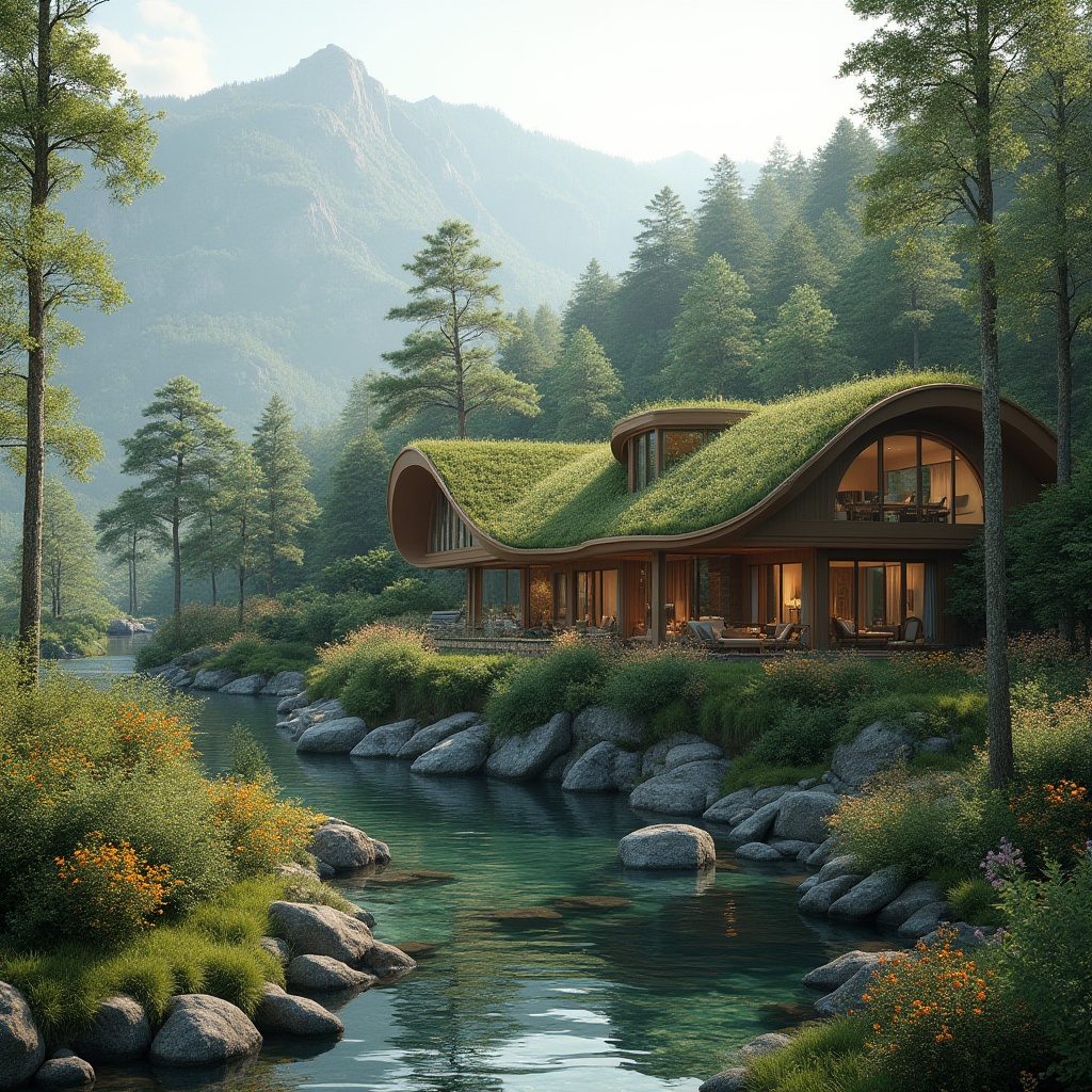 Prompt: Elegant villas, lush green roofs, natural stone walls, wooden accents, curved lines, organic forms, serene forest surroundings, misty mountains, tranquil lakeside, reflection pools, walking trails, native plant species, blooming wildflowers, soft morning light, warm sunlight filtering through trees, subtle shadows, 1/2 composition, intimate scale, earthy color palette, natural textures, ambient occlusion.