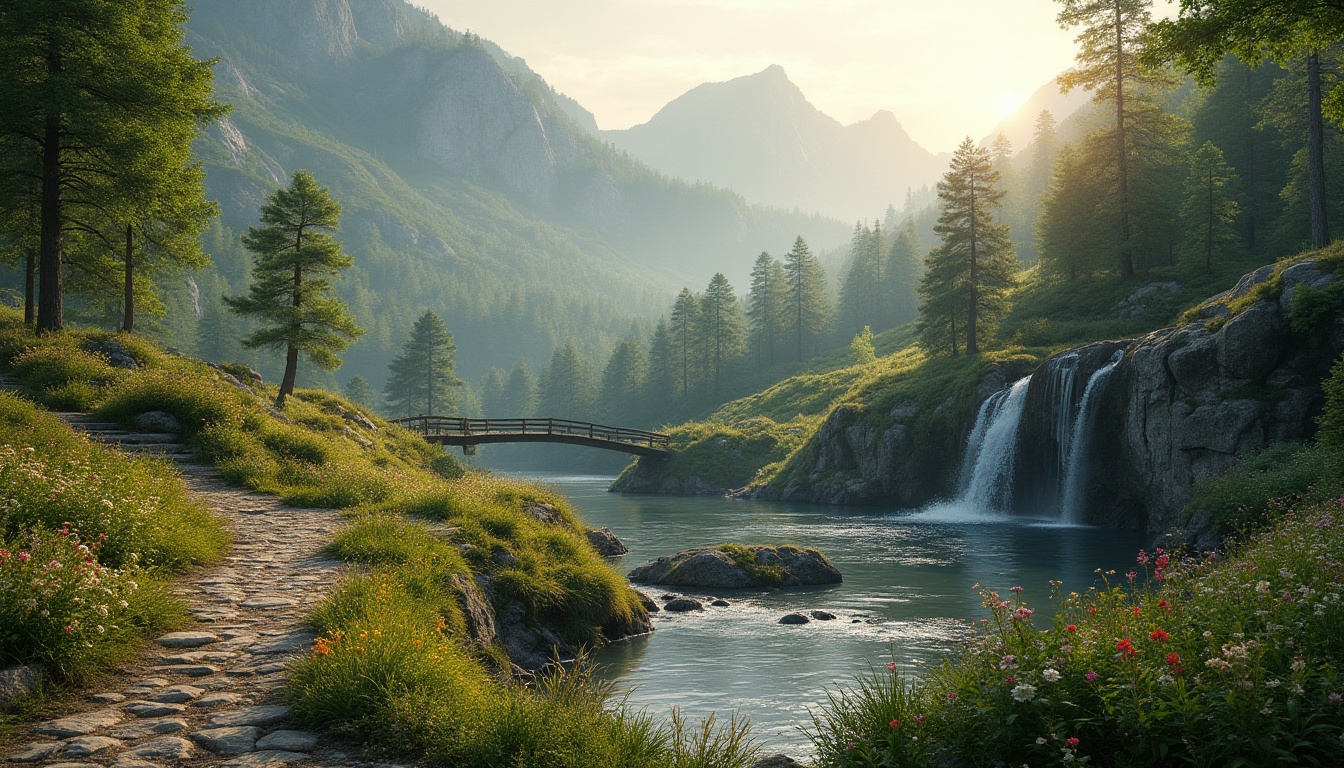 Prompt: Serenely curved hills, lush green forests, sparkling waterfalls, meandering stone pathways, vibrant wildflowers, rustic wooden bridges, tranquil ponds, majestic mountain ranges, warm golden sunlight, soft misty atmosphere, 1/1 composition, shallow depth of field, realistic rock textures, ambient occlusion, earthy color palette, natural material integration.