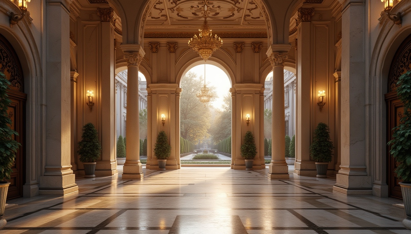 Prompt: Grand entrance, luxurious materials, ornate details, symmetrical composition, dramatic archways, imposing columns, elegant cornices, refined textures, neutral color palette, subtle patterns, sophisticated ambiance, warm evening lighting, shallow depth of field, 2/3 composition, realistic reflections, ambient occlusion.