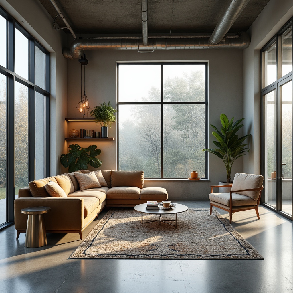 Prompt: Modern living room, minimalist decor, sleek low-profile furniture, spacious open-plan layout, polished concrete floors, industrial-chic exposed ductwork, floor-to-ceiling windows, abundant natural light, cozy reading nook, plush velvet sofa, geometric-patterned rug, metallic accent tables, greenery-adorned shelves, warm ambient lighting, 1/1 composition, realistic textures, subtle color palette.