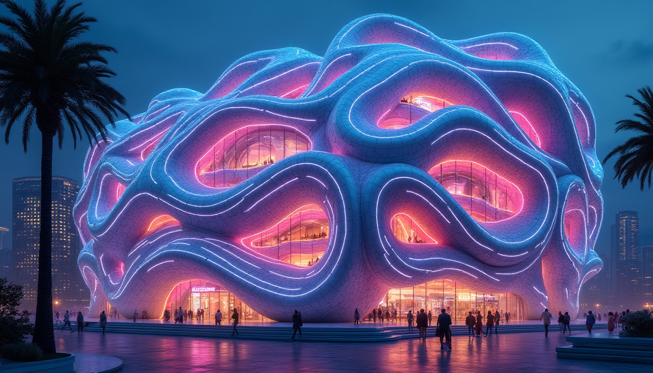 Prompt: Vibrant bioluminescent facade, undulating curves, dynamic parametric architecture, futuristic metabolism-inspired design, glowing LED lights, iridescent colors, translucent glass panels, organic shapes, fluid-like structures, adaptive building systems, responsive environmental interfaces, cyberpunk aesthetics, neon-lit cityscape, high-tech materials, 3D printed components, robotic assembly, algorithmic patterns, intricate network topology, atmospheric misting system, ambient Occlusion, realistic metallic reflections.