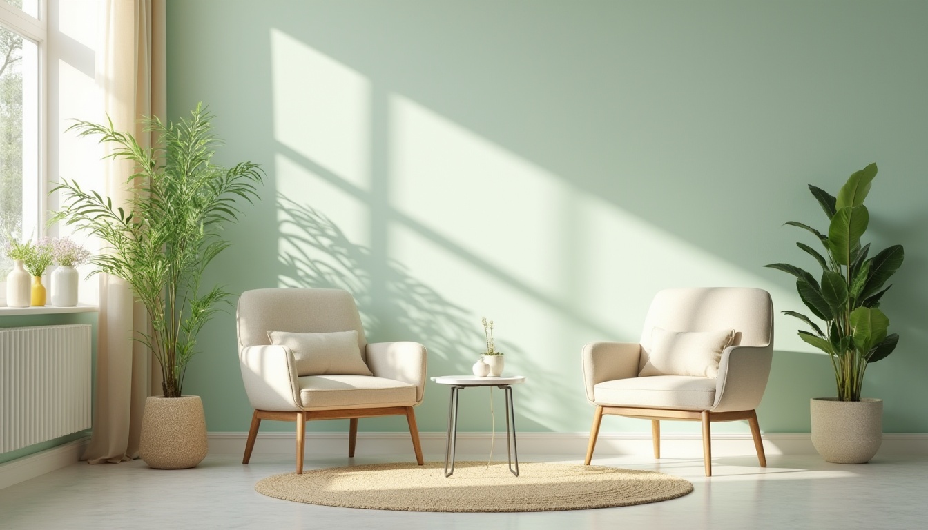 Prompt: Pastel mint walls, soft creamy accents, calming atmosphere, natural light pouring in, sleek modern furniture, metallic legs, minimalist decor, greenery accents, potted plants, earthy tones, organic textures, subtle patterned rugs, refreshing ambiance, soft focus, shallow depth of field, 1/1 composition, warm white lighting, inviting spaces, cozy nooks, serene vibes.