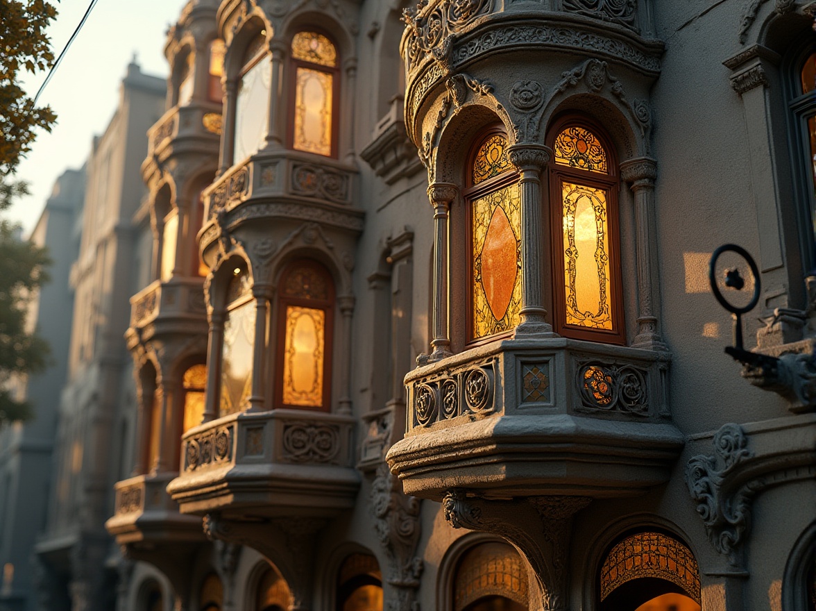 Prompt: Intricate Art Nouveau building facade, ornate stonework, flowing organic lines, curved metal railings, ornamental ironwork, glazed ceramic tiles, shimmering stained glass windows, warm golden lighting, soft focus, shallow depth of field, 2/3 composition, atmospheric perspective, realistic textures, ambient occlusion.