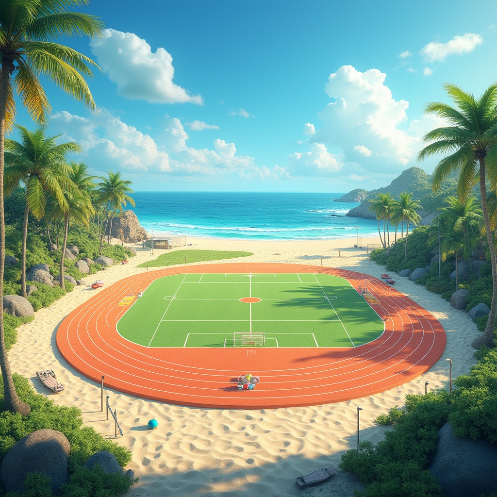 Prompt: Vibrant sports fields, coastal scenery, ocean views, sandy textures, tropical palm trees, bright blue skies, warm sunny days, refreshing sea breeze, nautical ropes, weathered wood benches, athletic track lanes, soccer goalposts, tennis court nets, baseball diamond shapes, green grassy lawns, colorful beach balls, surfboards, seaside showers, driftwood fences, salty mist atmosphere, soft focus blur, natural light harshness, 1/2 composition, cinematic framing, realistic textures, ambient occlusion.