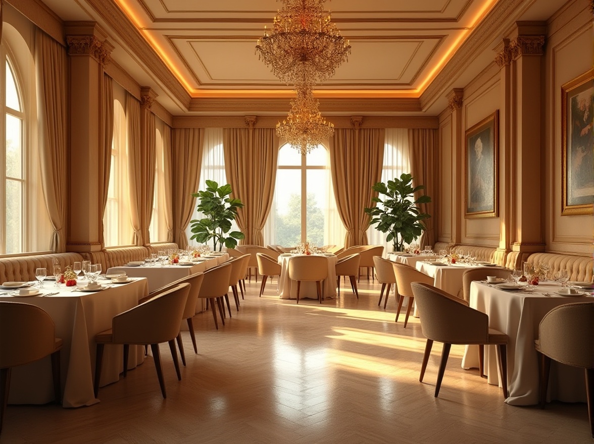 Prompt: Elegant dining hall, luxurious furnishings, warm golden lighting, rich wood accents, cream-colored walls, soft beige upholstery, ornate chandeliers, fine art pieces, lavish curtains, sophisticated color scheme, earthy tones, natural textures, atmospheric ambiance, shallow depth of field, 1/1 composition, realistic rendering.