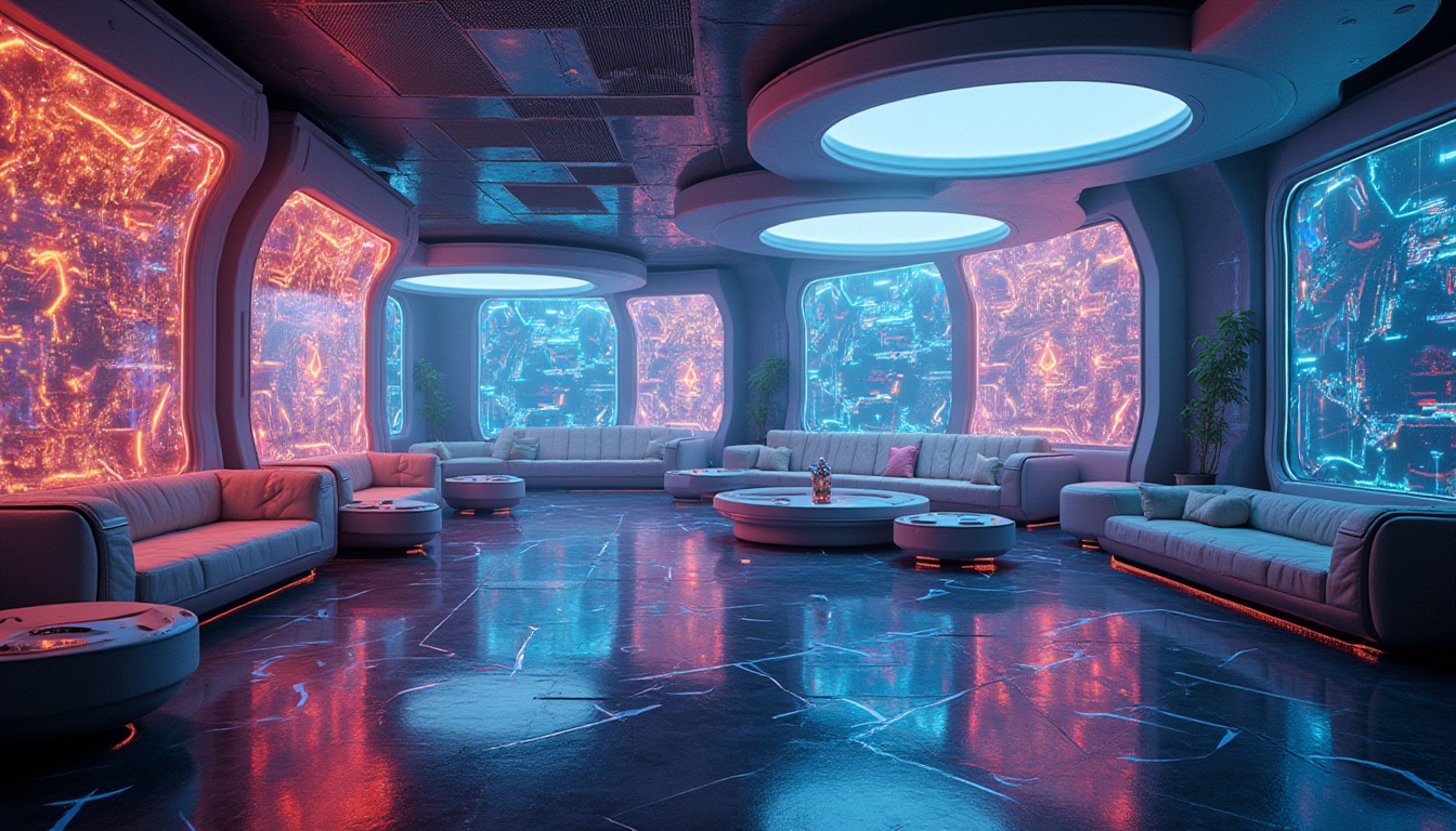 Prompt: Futuristic interior space, sleek metallic accents, neon-lit ambiance, holographic displays, levitating furniture, iridescent fabrics, shimmering velvets, electro-conductive textiles, glowing embroidery, 3D-printed patterns, augmented reality interfaces, ambient Occlusion, softbox lighting, shallow depth of field, 1/1 composition, realistic reflections, vibrant color palette, innovative material technologies, space-age inspired motifs.