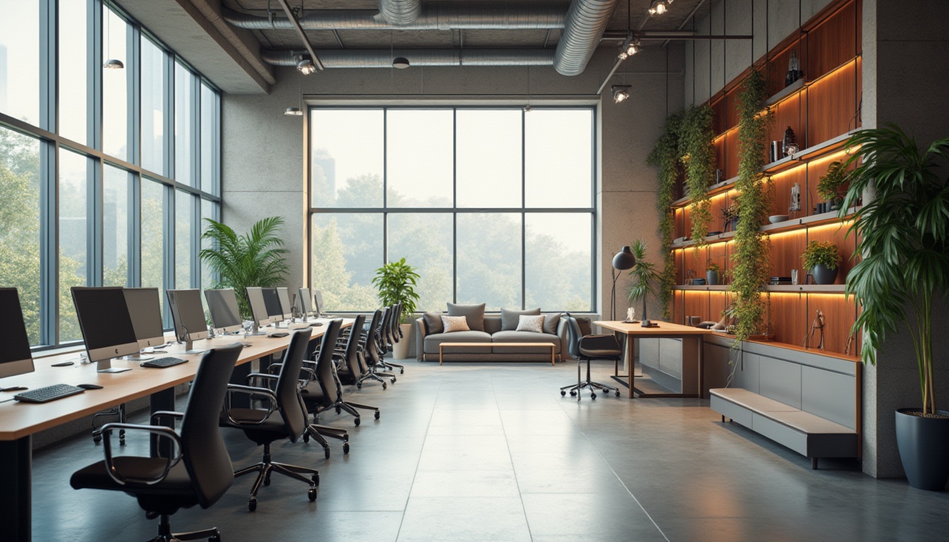 Prompt: Functional office space, ergonomic workstations, sleek metal desks, comfortable seating areas, collaborative meeting rooms, minimalistic decor, ample natural light, floor-to-ceiling windows, open floor plan, efficient circulation paths, optimized storage solutions, modern shelving systems, minimalist color scheme, warm ambient lighting, 1/1 composition, realistic textures, subtle shadowing.