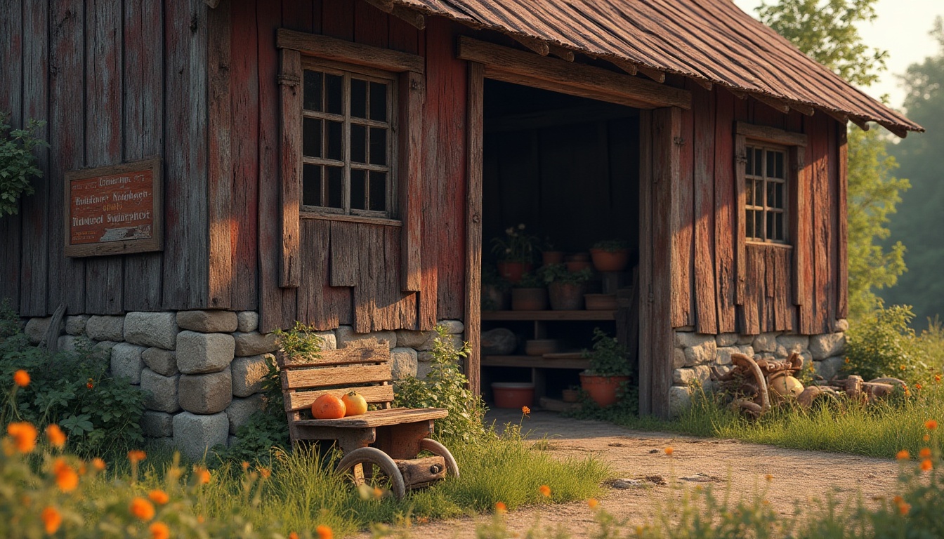 Prompt: Rustic barn, weathered wooden planks, distressed textures, earthy tones, natural stone foundations, corrugated metal roofs, vintage agricultural equipment, hayloft windows, worn brick walls, faded rural signs, overgrown wildflowers, soft warm lighting, shallow depth of field, 1/2 composition, intimate close-up shots, realistic wood grain, ambient occlusion.