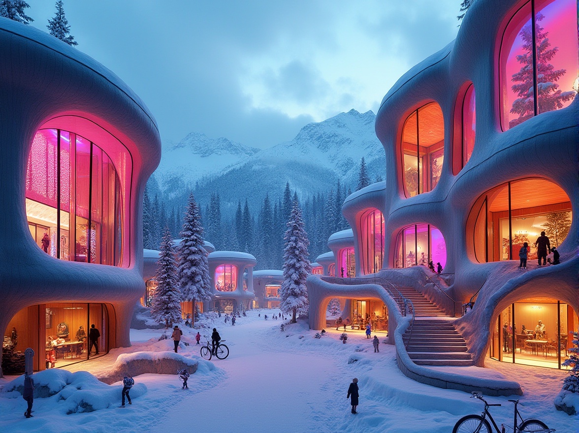 Prompt: Vibrant ski center, bold expressionist architecture, dynamic curved lines, irregular shapes, vivid color palette, gradient glass fa\u00e7ades, LED light installations, snow-capped mountains, frosty windows, wooden accents, natural stone cladding, abstract sculptures, kinetic art pieces, futuristic elevator systems, winding staircases, panoramic views, high-contrast lighting, dramatic shadows, 1/2 composition, low-angle shot, cinematic atmosphere.