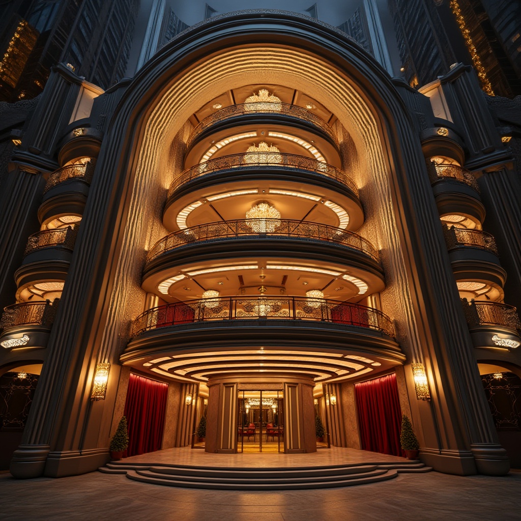 Prompt: Curved opera house facade, Art Deco patterns, metallic accents, sleek lines, geometric shapes, grand entrance, ornate details, luxurious materials, marble columns, crystal chandeliers, velvet curtains, red carpet, golden balconies, streamline moderne architecture, futuristic design, dynamic lighting, spotlights, 3/4 composition, low-angle shot, cinematic atmosphere, dramatic shadows, high-contrast colors, luxurious textures, ambient occlusion.