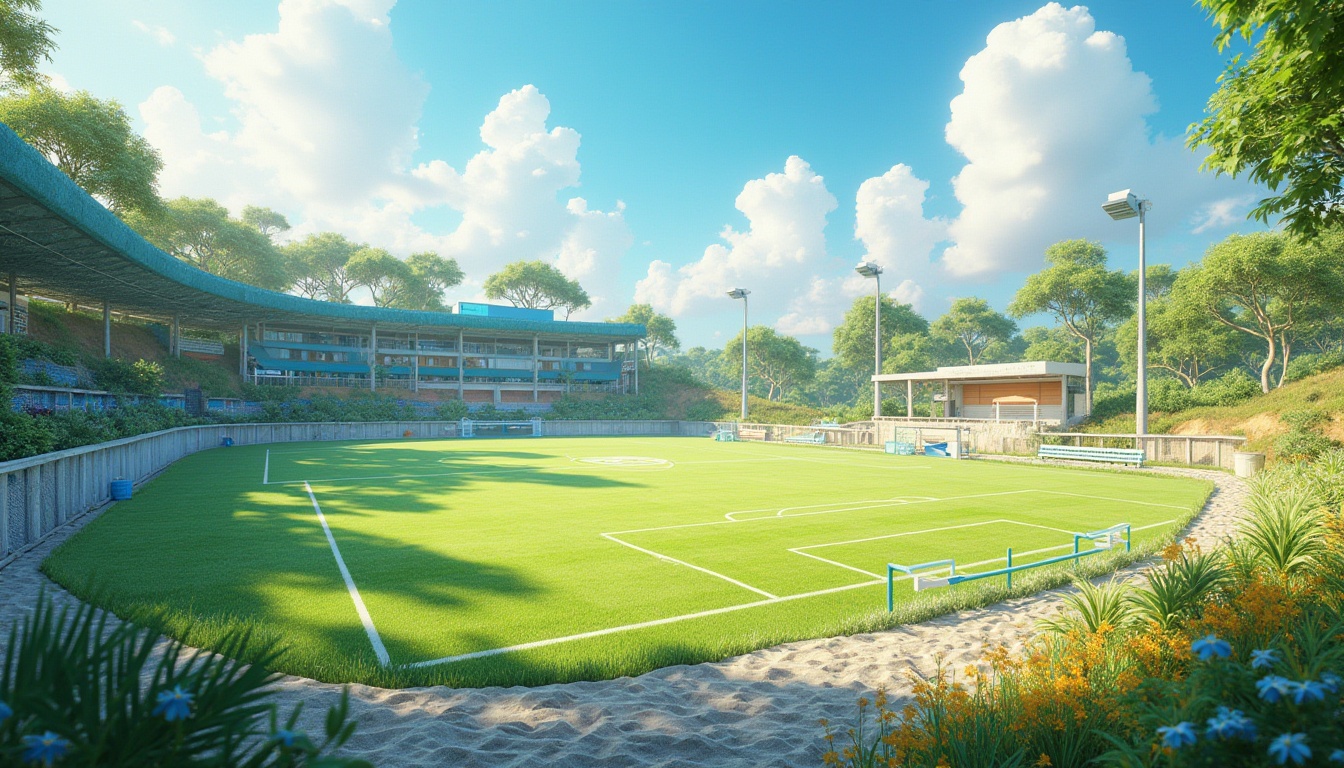 Prompt: Vibrant coastal sports fields, lush green grass, sandy textures, ocean-inspired color palette, calming blues and whites, energetic oranges and yellows, weathered wood accents, metal goalposts, athletic tracks, scoreboard displays, natural stone pathways, sea salt air, sunny day, soft warm lighting, shallow depth of field, 3/4 composition, panoramic view, realistic textures, ambient occlusion.