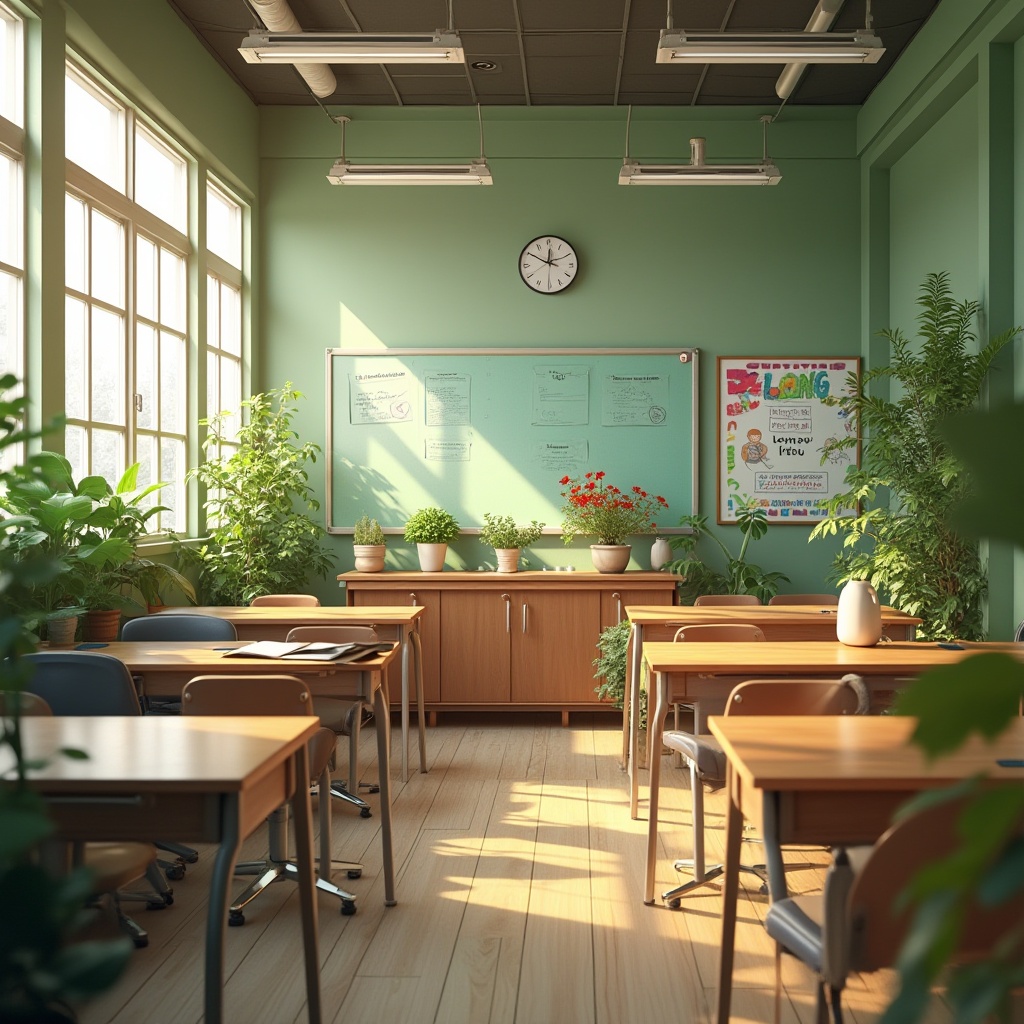 Prompt: Vibrant educational institution, abundant natural light, spacious classrooms, floor-to-ceiling windows, wooden desks, ergonomic chairs, inspirational quotes, motivational posters, green walls, living plants, warm atmosphere, soft shadows, gentle highlights, 1/1 composition, subtle depth of field, realistic renderings, ambient occlusion.