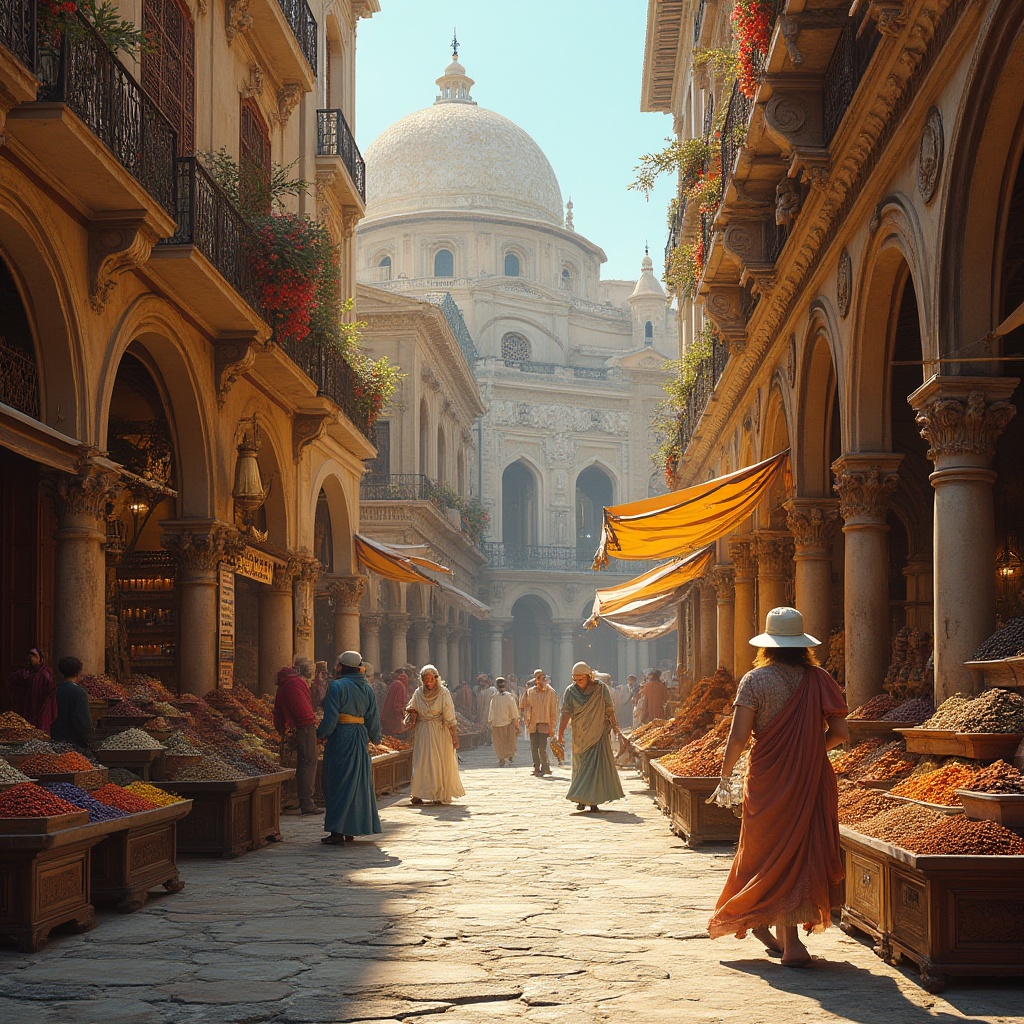 Prompt: Vibrant marketplace, ornate facades, intricate stone carvings, grand archways, colorful frescoes, ornamental columns, bustling commercial activity, lively street performers, rich textiles, exotic spices, warm golden lighting, shallow depth of field, 1/1 composition, symmetrical framing, realistic renderings, ambient occlusion, Renaissance-inspired architectural details, rusticated stonework, ornate balconies, decorative cornices.