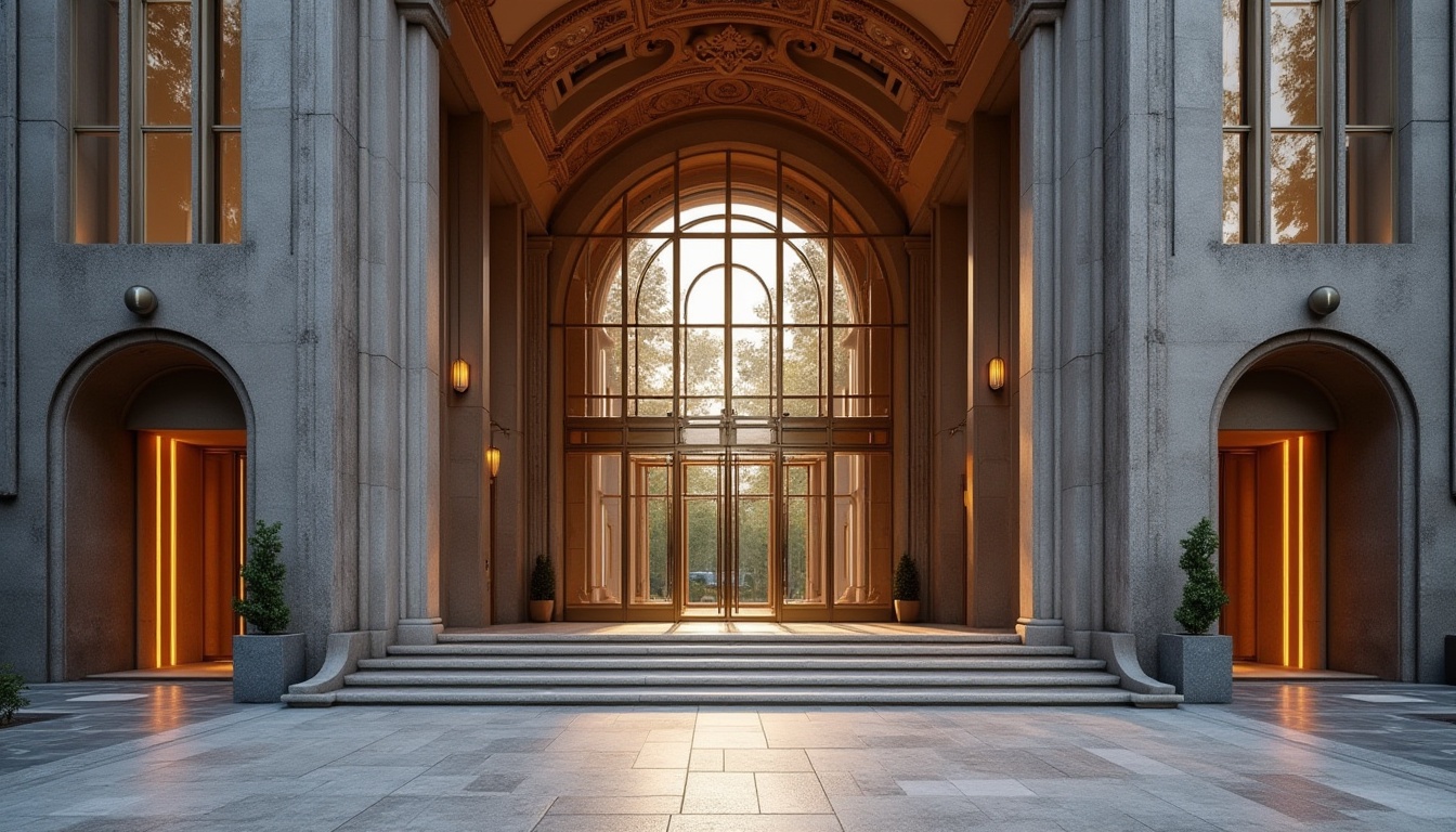 Prompt: Grand entrance, ornate details, symmetrical composition, majestic columns, elegant archways, sophisticated stone cladding, large glass windows, modern minimalist aesthetic, sleek metal accents, vibrant LED lighting, urban cityscape, daytime natural light, shallow depth of field, 1/2 composition, realistic textures, ambient occlusion.