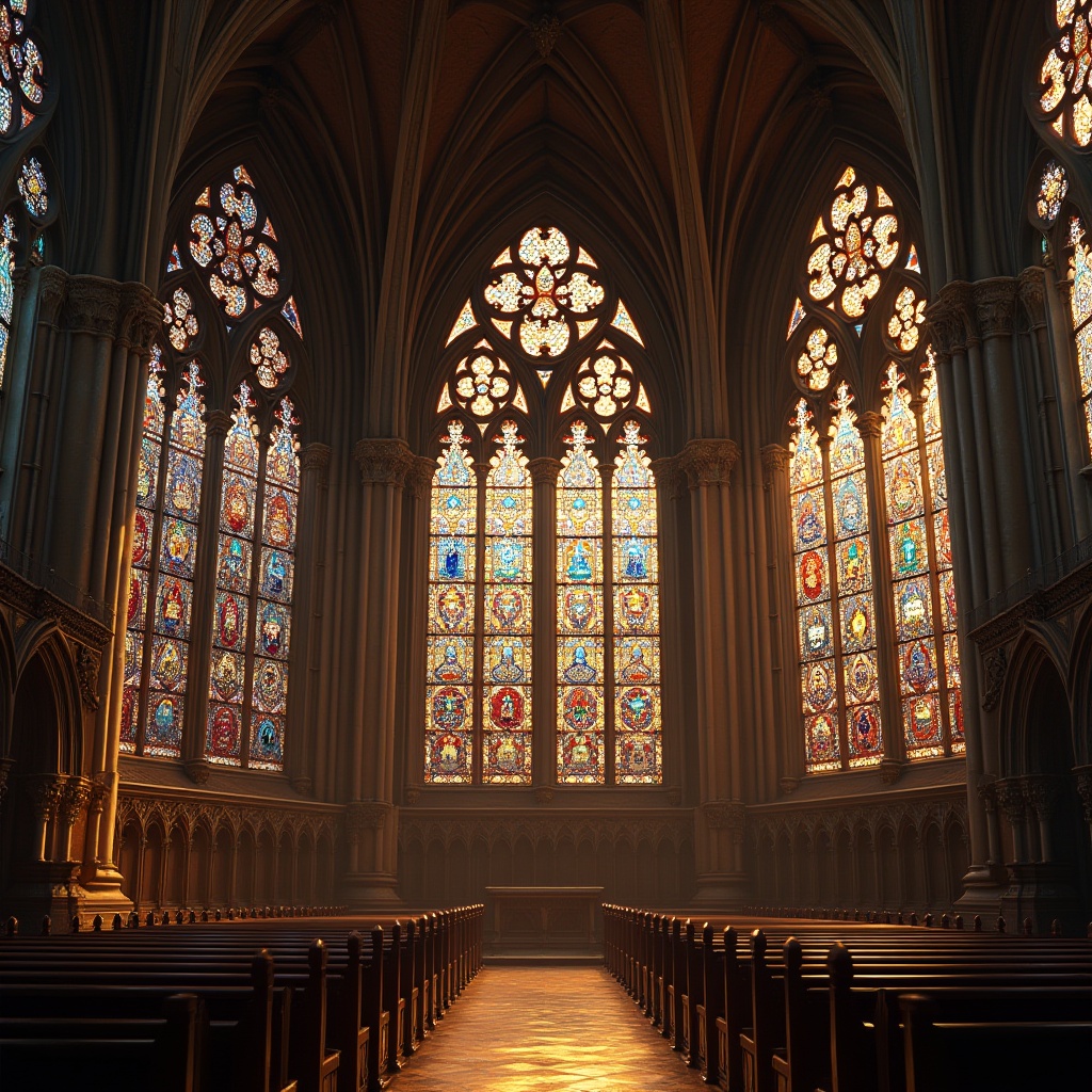 Prompt: Intricate stained glass windows, vibrant colors, ornate stone carvings, grandiose Gothic architecture, ribbed vaults, pointed arches, flying buttresses, majestic cathedral interiors, luminous refractions, kaleidoscope patterns, delicate tracery, rich textures, warm golden lighting, soft diffused illumination, dramatic shadows, 1/2 composition, symmetrical framing, ornate metalwork, delicate filigree, mystical ambiance, serene atmosphere, peaceful contemplation.