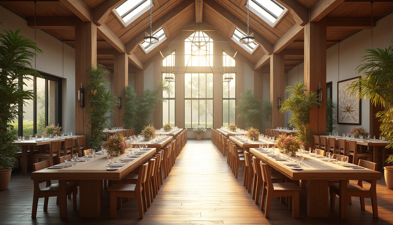 Prompt: Spacious dining hall, high ceilings, large windows, clerestory windows, skylights, natural stone walls, wooden floorboards, minimalist decor, elegant chandeliers, soft warm lighting, morning sunbeams, indirect light, gentle shadows, 1/1 composition, symmetrical architecture, rustic wood accents, earthy color palette, botanical artwork, lush greenery, vibrant flowers, panoramic view, realistic textures, ambient occlusion.