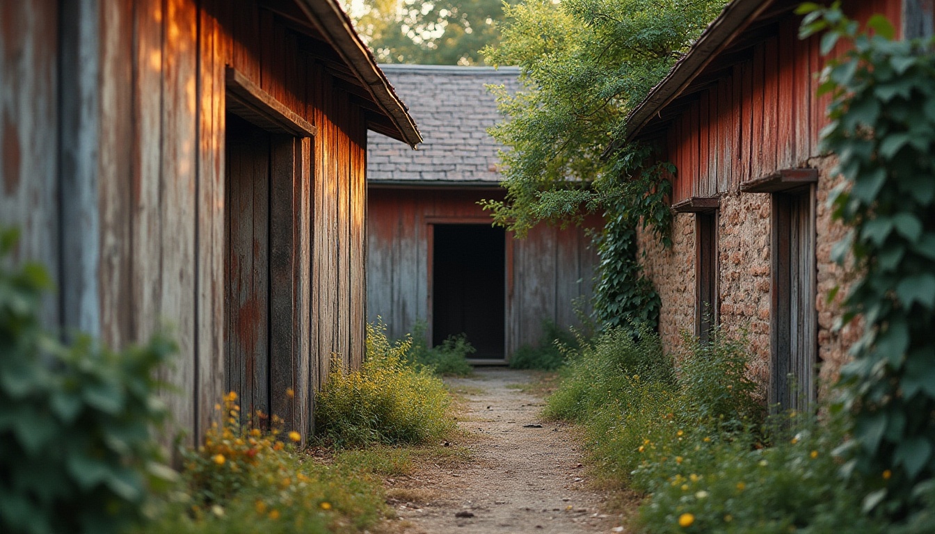 Prompt: Rustic barns, weathered wood textures, earthy tones, muted browns, warm beige, soft grays, faded reds, blues and yellows, natural stone foundations, vintage metal accents, distressed wooden planks, aged brick walls, overgrown with vines, lush greenery, soft morning light, warm atmospheric glow, shallow depth of field, 2/3 composition, intimate close-ups, realistic wear and tear, ambient occlusion.