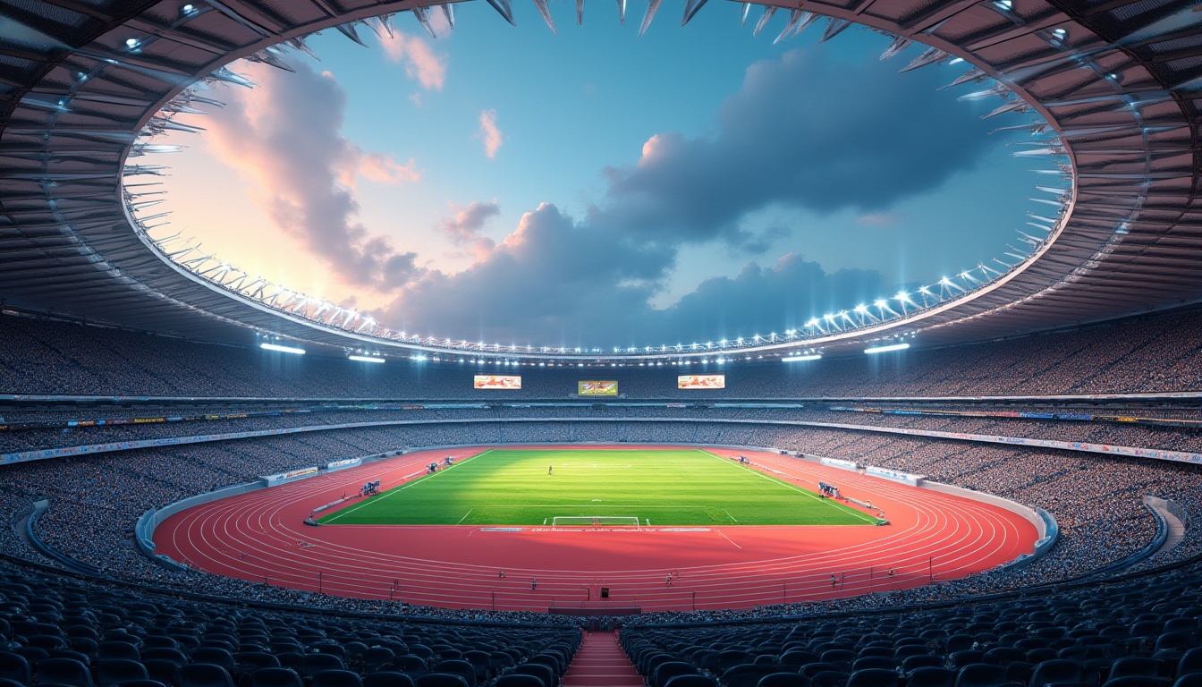 Prompt: Vibrant sports stadium, undulating grandstands, sleek metal beams, cantilevered roofs, dynamic curves, futuristic architecture, athletic tracks, lush green grass, vibrant scoreboards, floodlights, evening atmosphere, shallow depth of field, 3/4 composition, panoramic view, realistic textures, ambient occlusion.