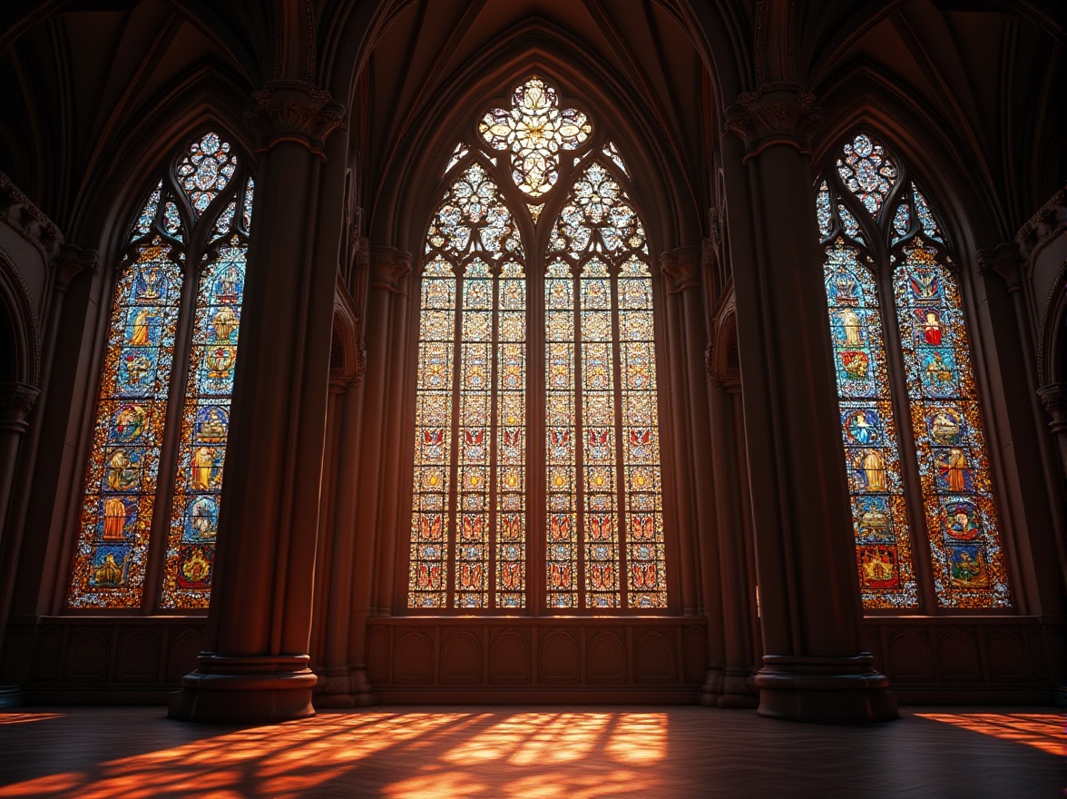 Prompt: Intricate stained glass windows, vivid color palette, ornate religious symbols, Gothic architectural style, grand cathedral setting, soft warm lighting, subtle shadows, rich textures, ornate patterns, delicate details, sacred atmosphere, peaceful ambiance, serene natural light, stunning visual effects, 1/1 composition, shallow depth of field, realistic renderings.