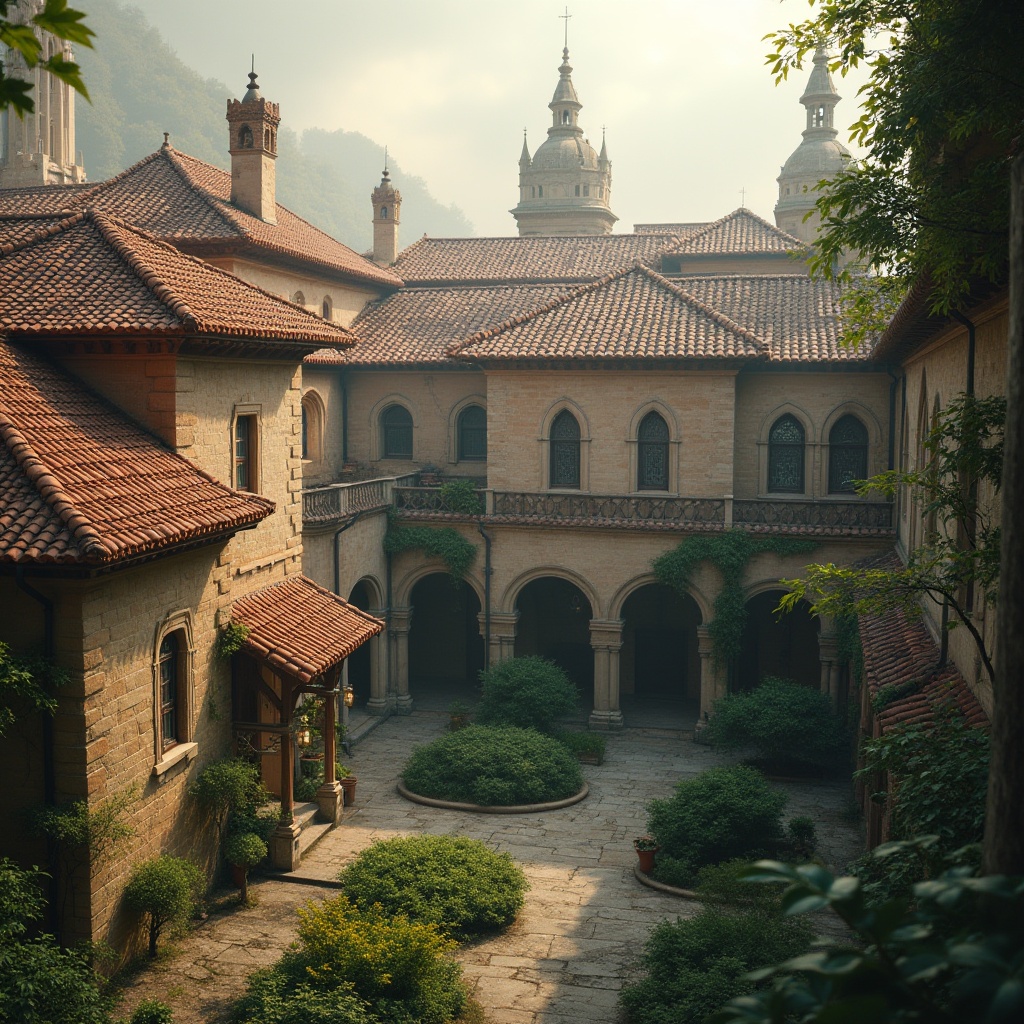 Prompt: \Rustic monastery roofs, curved terracotta tiles, earthy color palette, ornate stone carvings, gothic arches, stained glass windows, peaceful cloisters, serene courtyards, lush greenery, misty morning atmosphere, soft warm lighting, shallow depth of field, 1/1 composition, symmetrical framing, rich textures, ambient occlusion.\