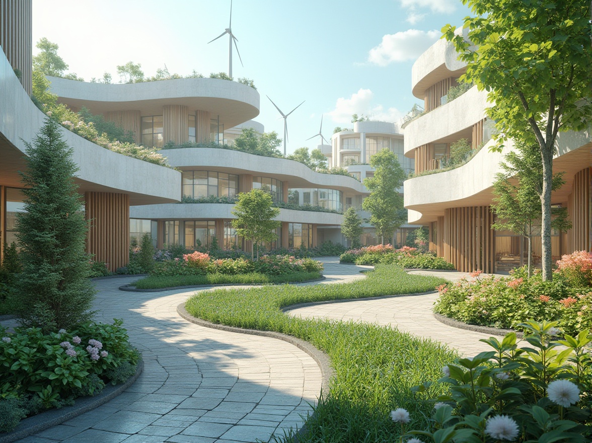 Prompt: Eco-friendly community hub, futuristic architecture, green roofs, solar panels, wind turbines, vertical gardens, urban farming, recycling facilities, composting systems, electric vehicle charging stations, bike-sharing programs, pedestrian-friendly walkways, natural stone pavers, energy-efficient buildings, minimalist design, angular lines, curved shapes, vibrant colors, innovative materials, 3D-printed components, virtual reality experiences, augmented reality interfaces, panoramic views, shallow depth of field, realistic textures, ambient occlusion.