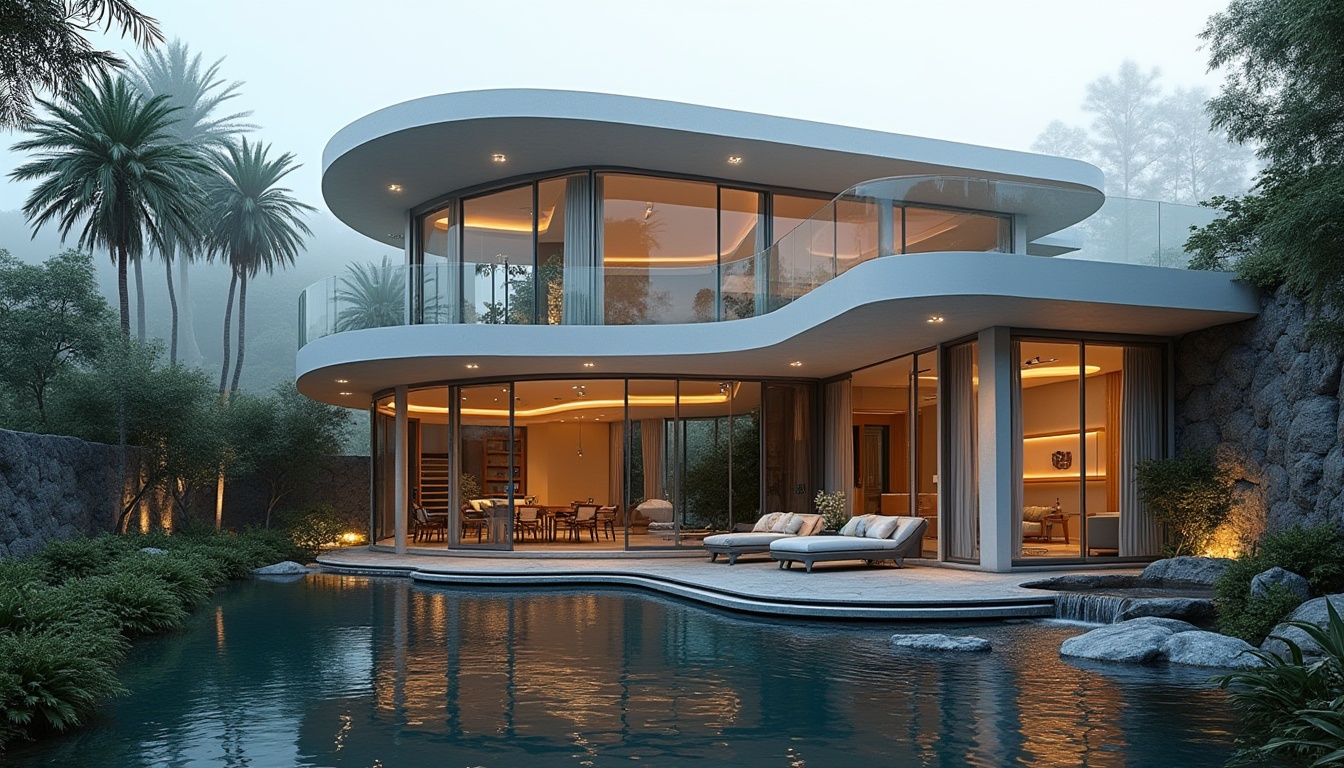 Prompt: Curved villa silhouette, streamlined modern facade, silver metallic accents, floor-to-ceiling windows, sliding glass doors, minimalist balcony railings, sleek rooflines, hidden gutters, flat roofs, cantilevered overhangs, lush greenery, natural stone walls, waterfall features, serene water sounds, warm ambient lighting, soft misty atmosphere, 1/2 composition, shallow depth of field, realistic reflections, detailed textures.