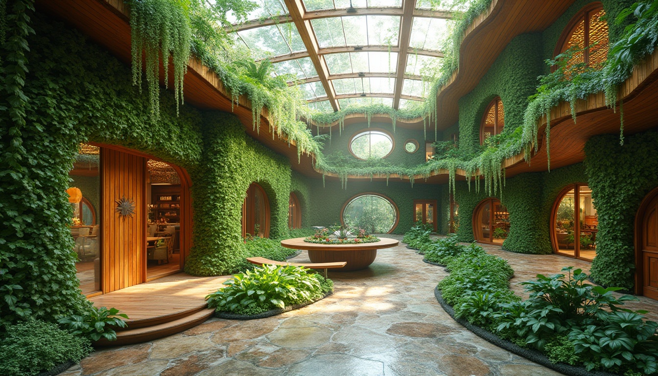 Prompt: Vibrant green walls, living roofs, lush indoor gardens, natural stone floors, reclaimed wood accents, floor-to-ceiling windows, clerestory lighting, airy open spaces, organic shapes, curvaceous lines, earthy color palette, sustainable materials, energy-efficient systems, solar panels, rainwater harvesting, minimal waste design, seamless transitions, blurred boundaries, immersive experiences, 3/4 composition, shallow depth of field, soft warm lighting, realistic textures, ambient occlusion.