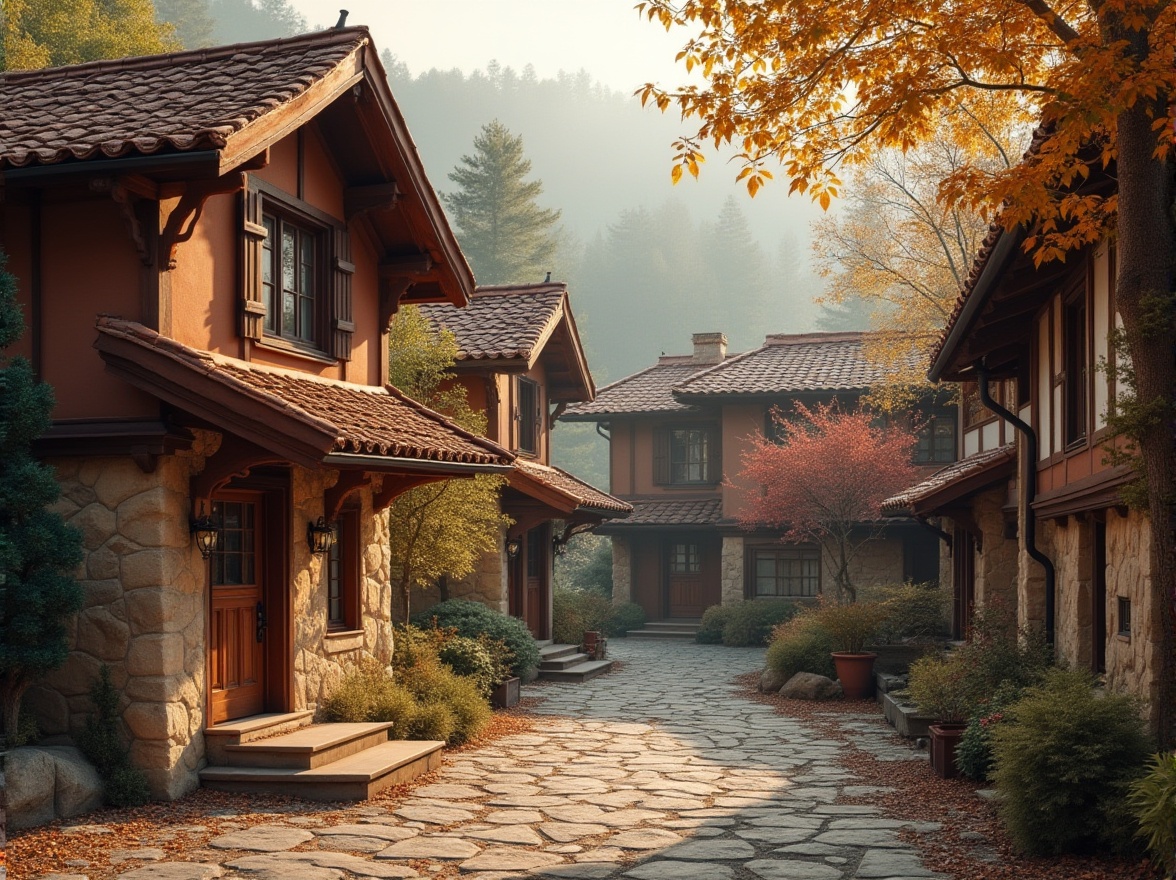 Prompt: Rich chocolate brown buildings, warm beige stone walls, creamy white accents, deep umber wood tones, velvety smooth bronze details, earthy terracotta roofs, soft golden lighting, rustic natural textures, organic shapes, cozy inviting atmosphere, autumnal forest surroundings, misty morning ambiance, shallow depth of field, 1/1 composition, realistic materials, subtle ambient occlusion.