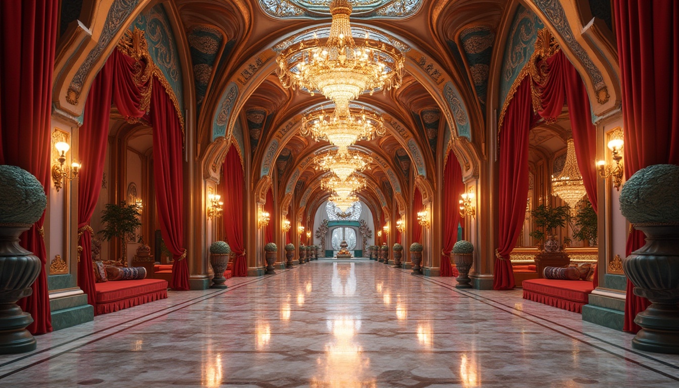 Prompt: Geometric pavilion, art deco fa\u00e7ade, ornate metalwork, luxurious materials, vibrant gemstone colors, intricate patterns, symmetrical composition, grand entrance, sweeping curves, dramatic arches, opulent chandeliers, lavish furnishings, polished marble floors, rich velvet drapes, glamorous lighting, soft focus, atmospheric perspective, 1/2 composition, elegant reflections, subtle ambient occlusion.