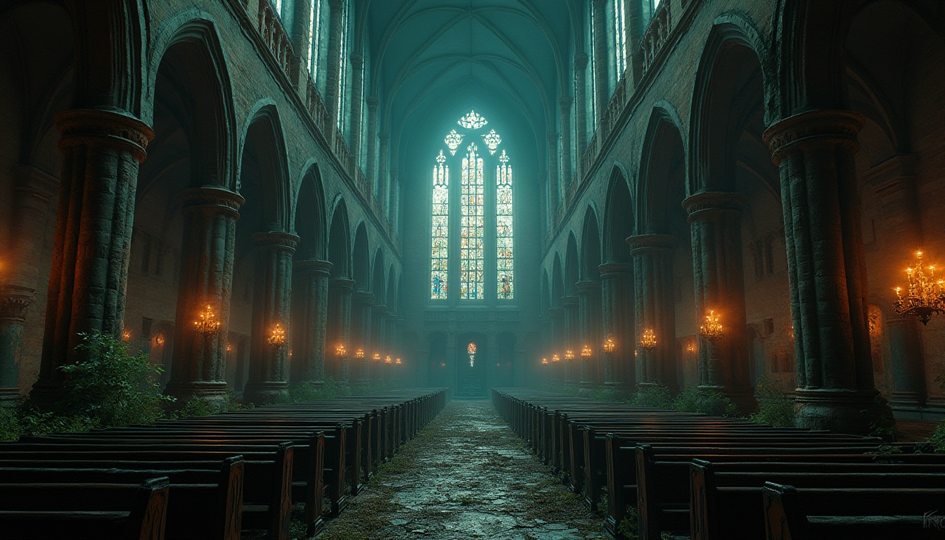 Prompt: Mysterious abandoned cathedral, Gothic architecture, intricate stone carvings, stained glass windows, rich jewel tones, deep crimson reds, midnight blues, emerald greens, gold accents, mysterious fog, dim warm lighting, dramatic shadows, ornate details, mystical ambiance, eerie atmosphere, abandoned pews, crumbling walls, overgrown vegetation, old manuscripts, ancient artifacts.