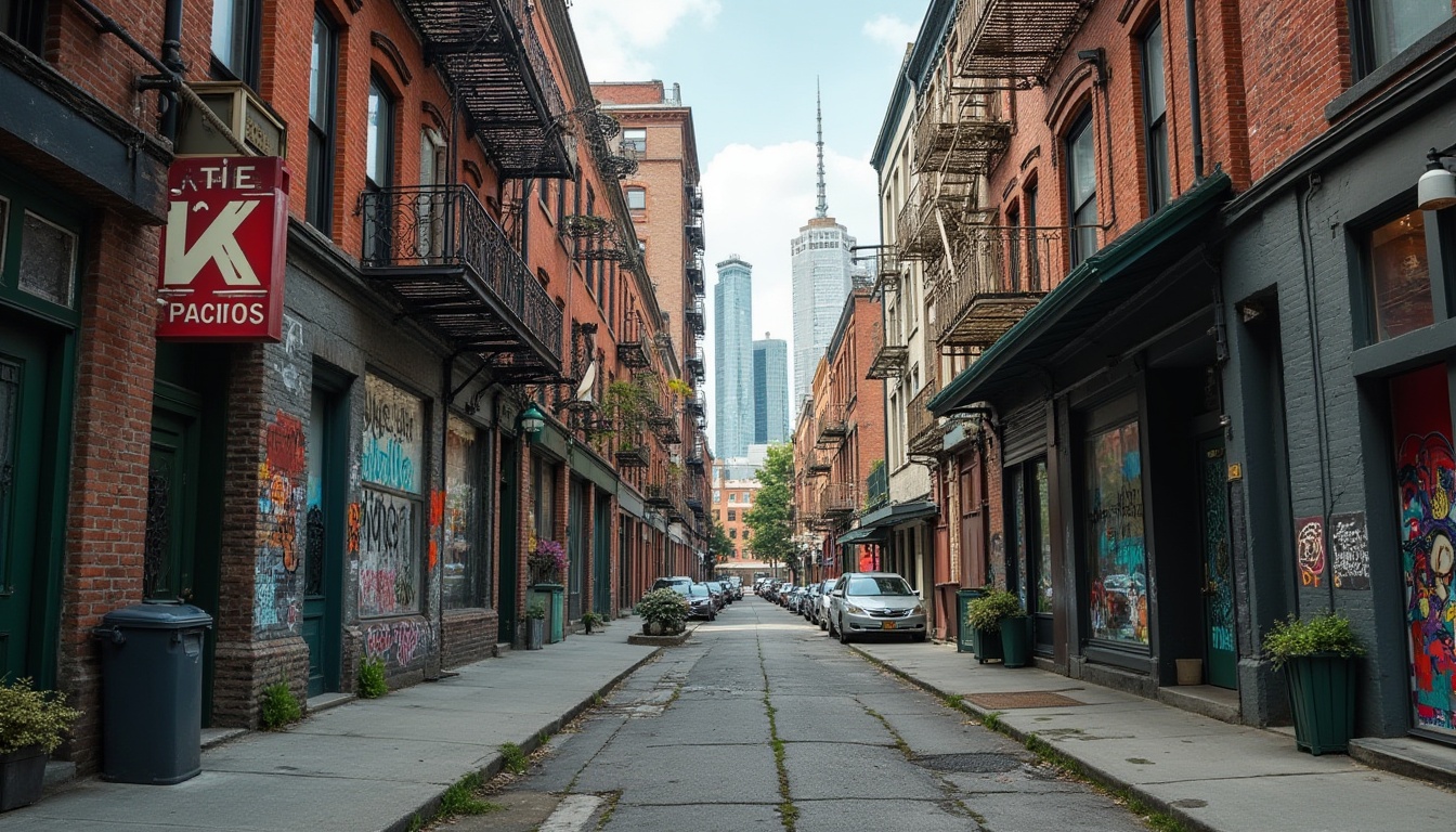 Prompt: Weathered concrete walls, rustic brick facades, ornate metal railings, industrial steel beams, reclaimed wood accents, urban skyscrapers, bustling city streets, vibrant street art, eclectic storefronts, historic building renovations, modern glass towers, abstract graffiti murals, distressed stonework, faded advertisements, urban decay textures, gritty alleyways, cinematic lighting, shallow depth of field, 1/2 composition, realistic reflections.