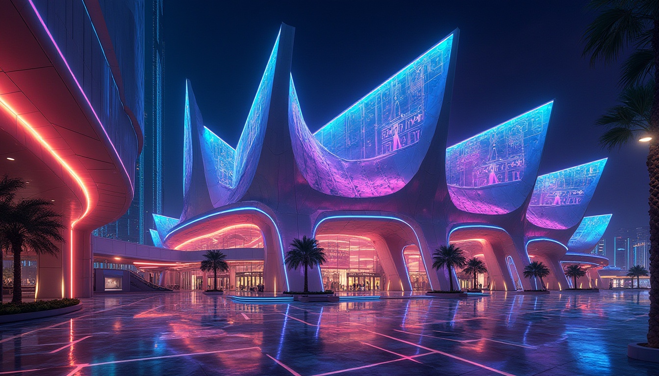 Prompt: Neon-lit casino facade, futuristic high-tech style, sleek metallic surfaces, LED light strips, holographic displays, angular geometric patterns, dynamic color-changing lights, luxurious VIP entrances, grandiose atriums, marble floors, high-ceiling lobbies, lavish chandeliers, state-of-the-art gaming facilities, advanced security systems, immersive entertainment experiences, 3D projection mapping, vibrant nightlife atmosphere, urban cityscape backdrop, dramatic spotlights, shallow depth of field, cinematic composition.