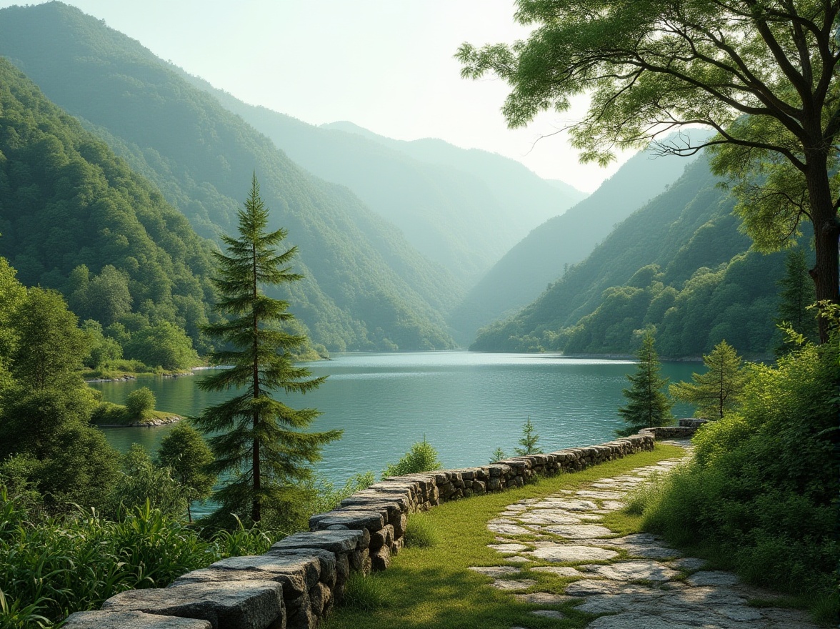 Prompt: Rolling hills, serene lakeside, lush green forests, meandering pathways, natural stone walls, weathered wood accents, earthy tones, organic forms, seamless transitions, soft morning light, misty atmosphere, shallow depth of field, 1/1 composition, panoramic view, realistic textures, ambient occlusion.